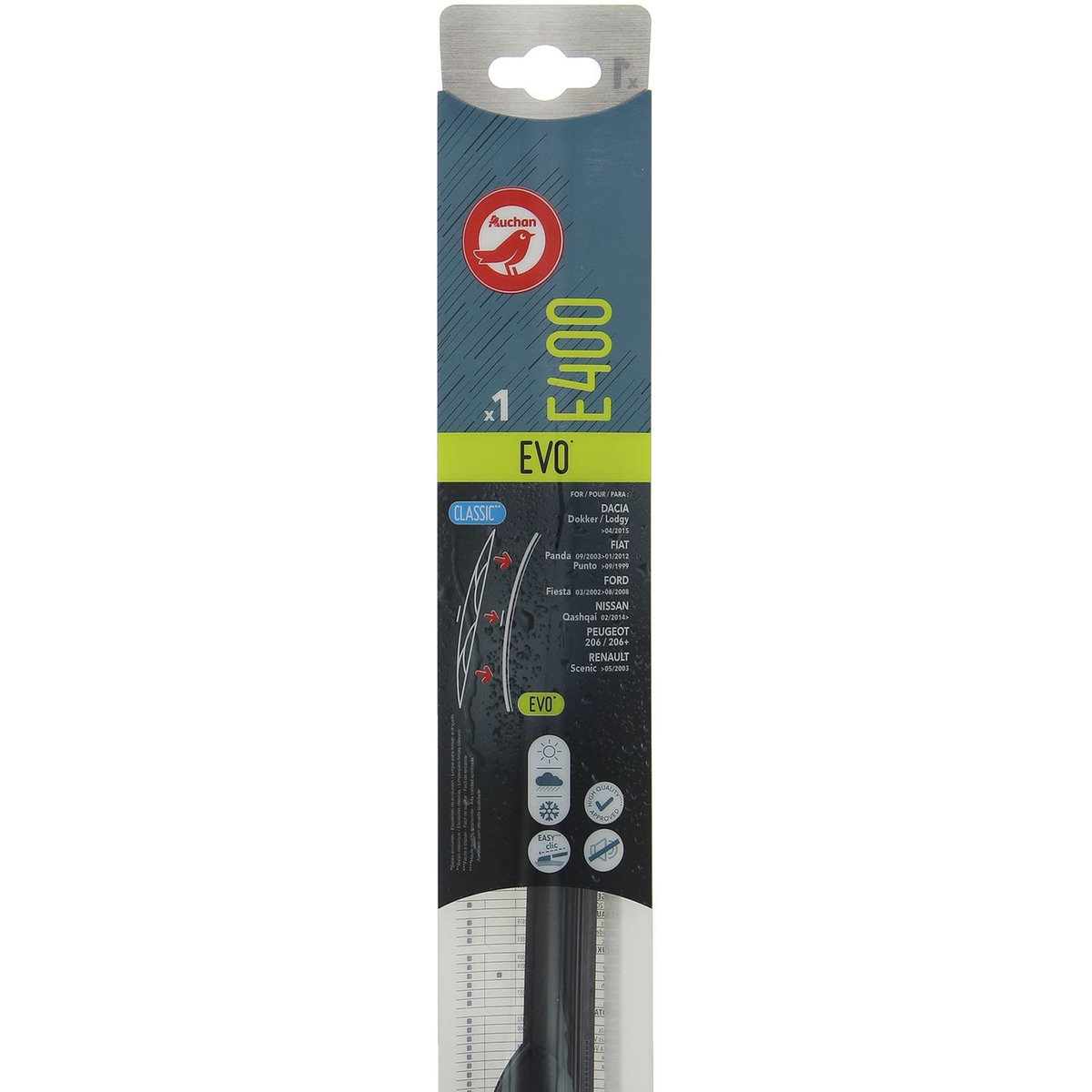 AUCHAN Balai d'essuie-glace EVO E400 40cm pour DACIA FIAT FORD NISSAN PEUGEOT RENAULT