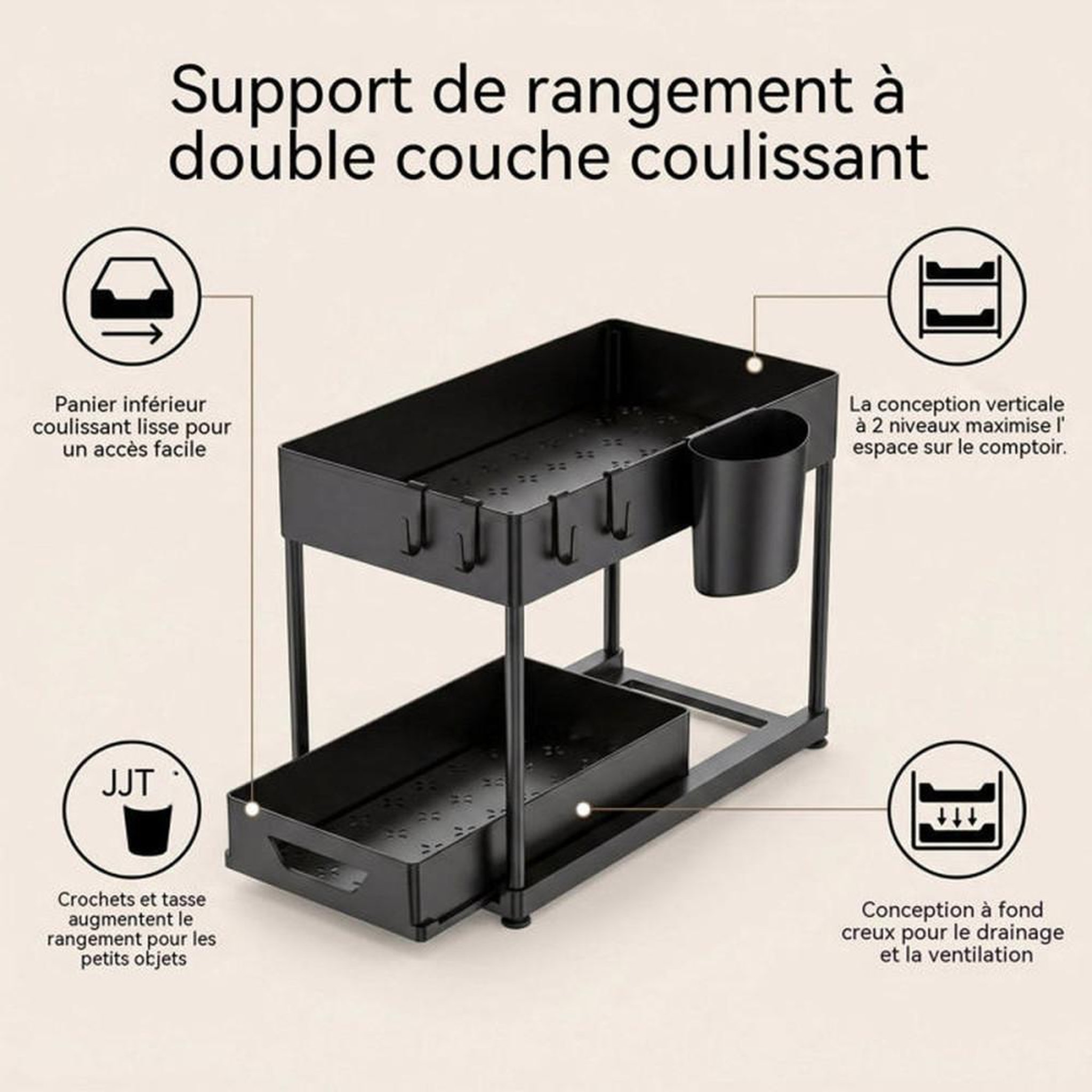 Voir la diapositive 2 : Rangement double niveau sous évier avec tiroir coulissant, fond évidé et étagères ventilées noir 37,5 x 20,5 x 33,5 cm