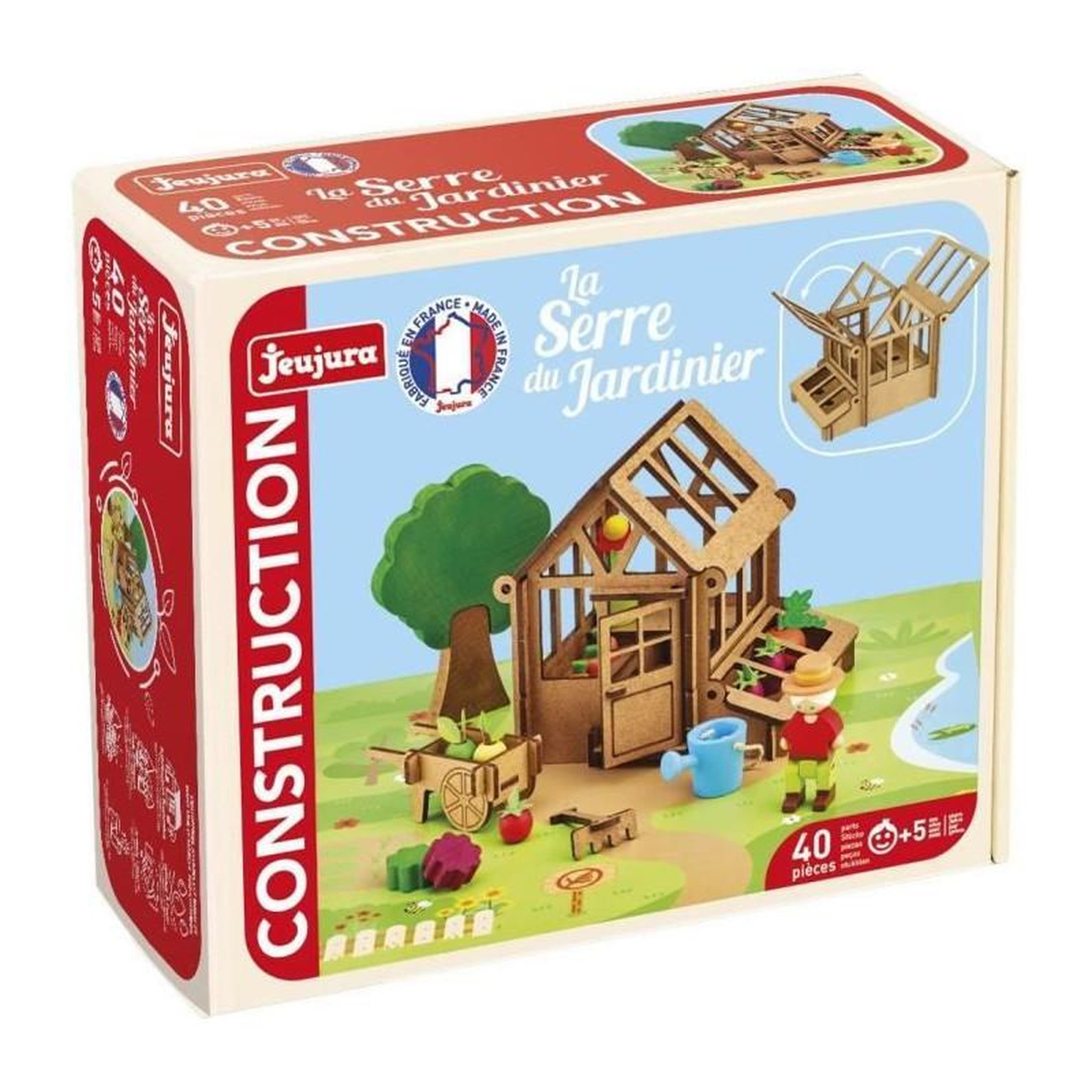 JeuJura La Serre du Jardinier 40 Pieces - JEUJURA - Jeu de Construction en Bois Naturel, Tapis et Accessoires Inclus, 22x18,5x8,5 cm