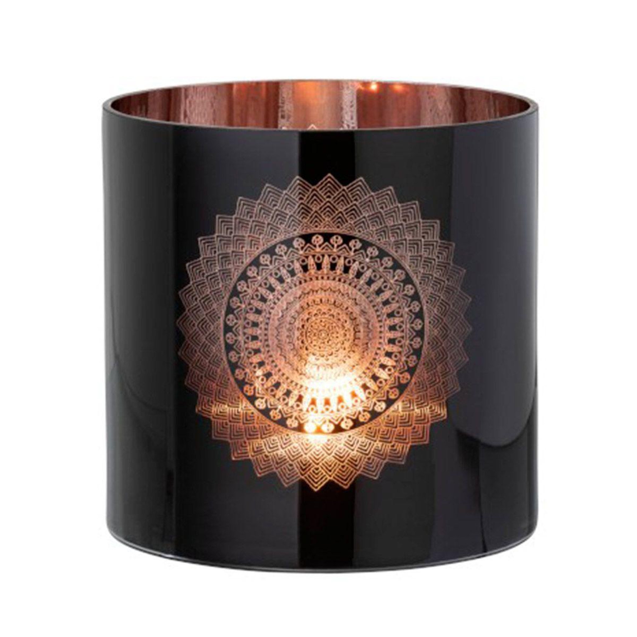 Voir la diapositive 2 : J-LINE Photophore en verre  boho  20cm noir & cuivre