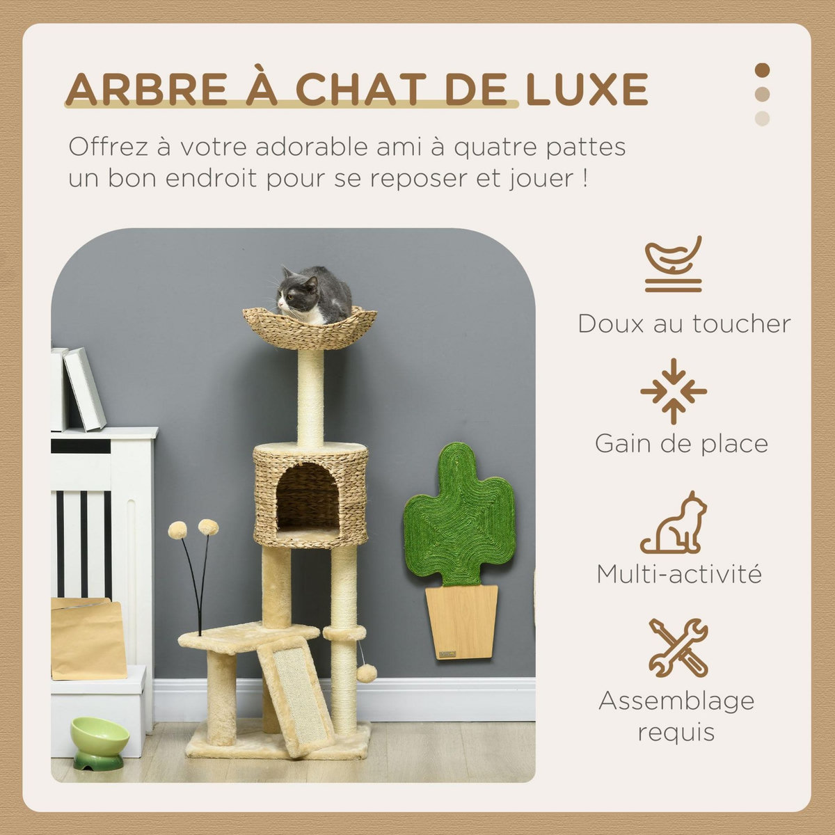 PAWHUT Arbre à chat style cosy chic griffoirs grattoir sisal naturel équipement multiple peluche jacinthe d'eau beige