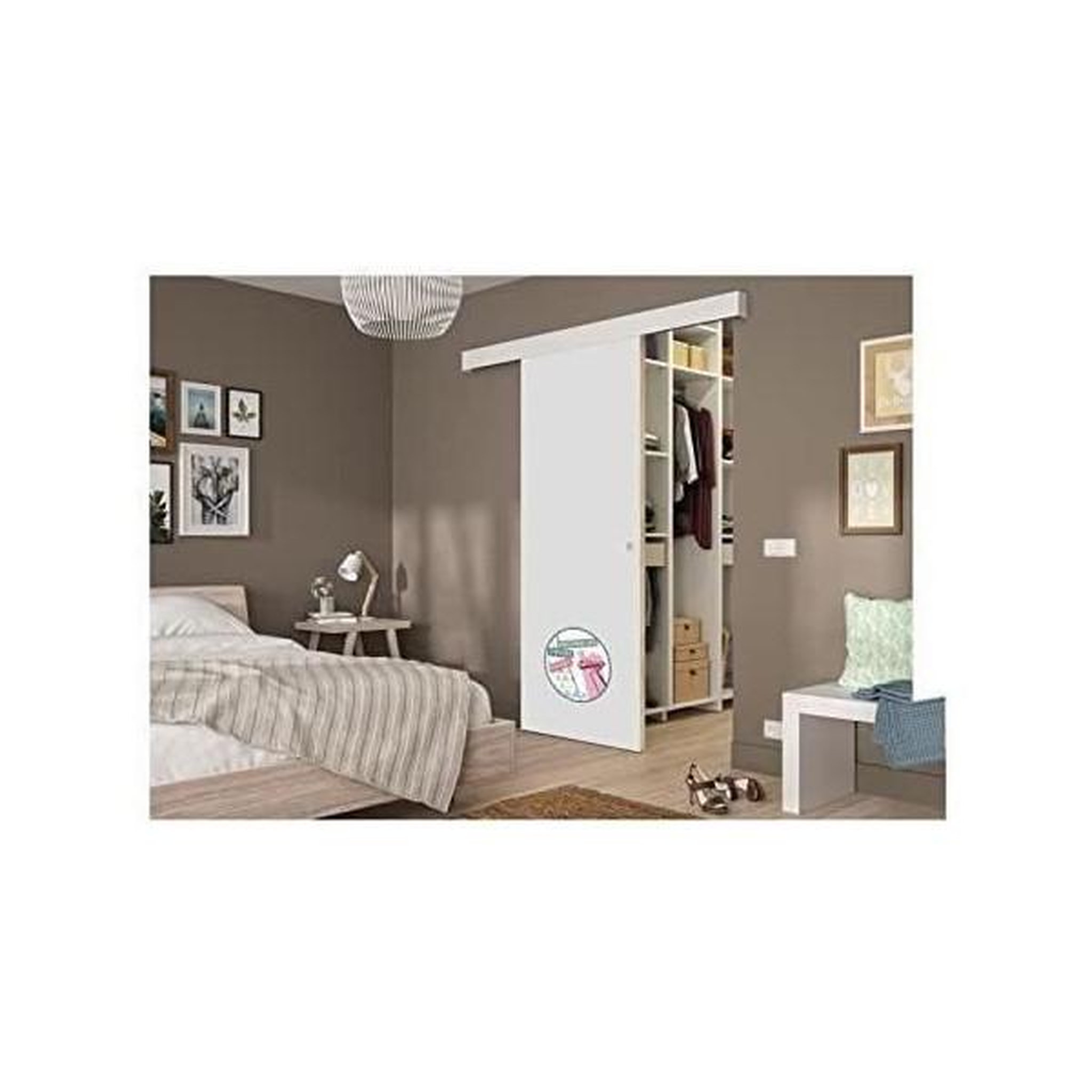 Voir la diapositive 2 : OPTIMUM Optimum kit porte coulissante décor blanc - rail 2 amortisseurs + cache rail blanc - 204 x 73 cm