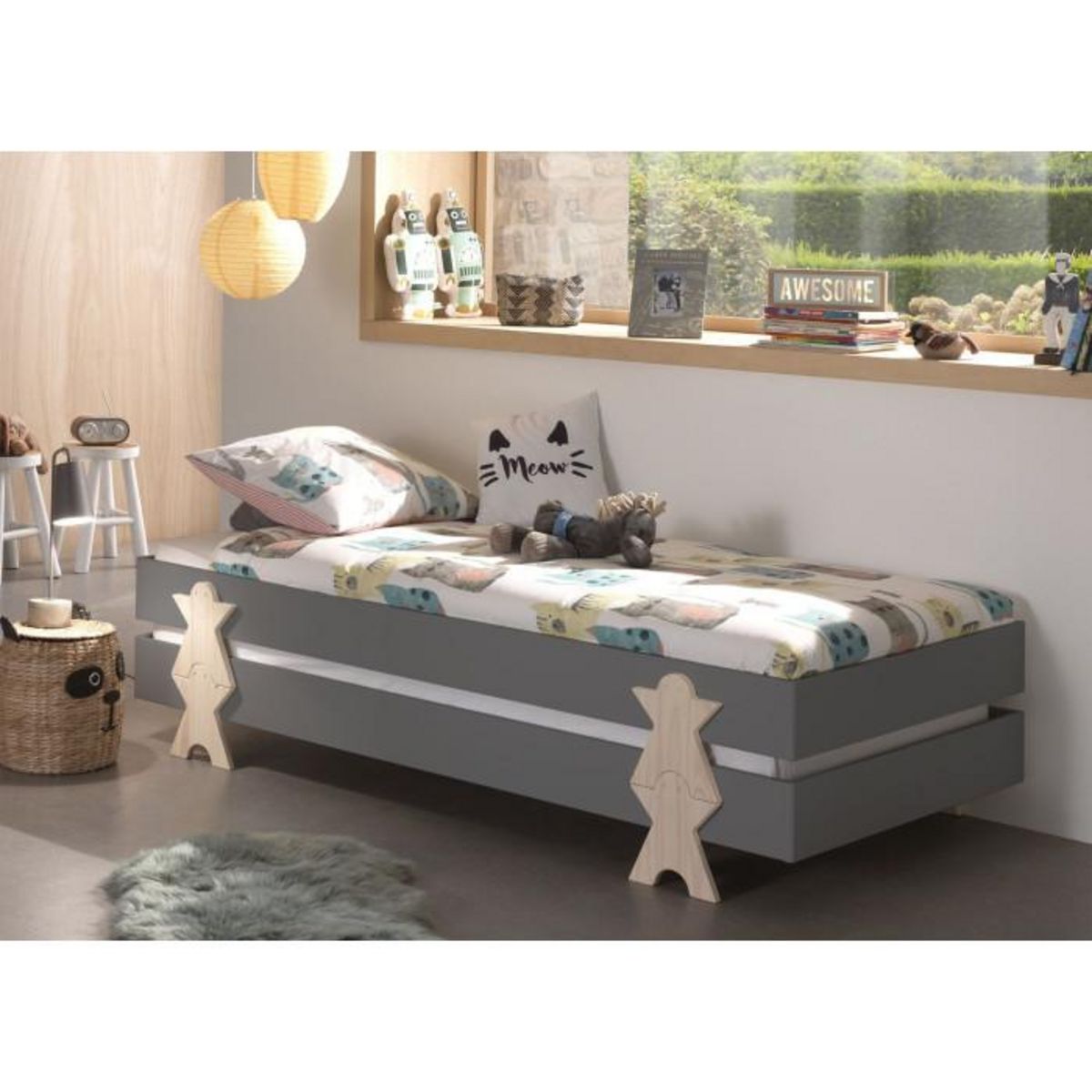 Paris Prix Lit Enfant en Bois  Modulo Smiley IV  90x200cm Gris
