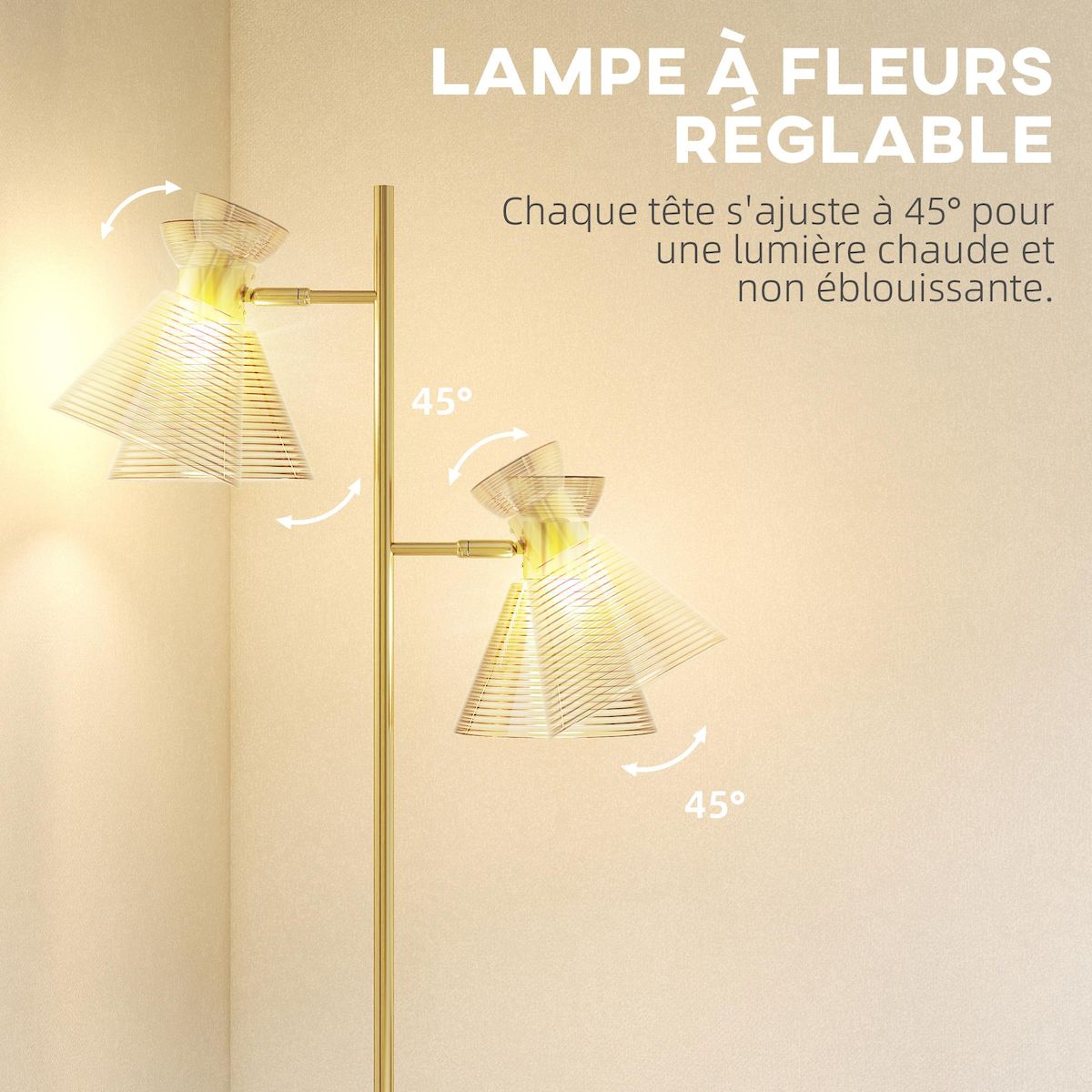 HOMCOM Lampadaire sur pied design H.165cm double tête réglable verre conique métal doré