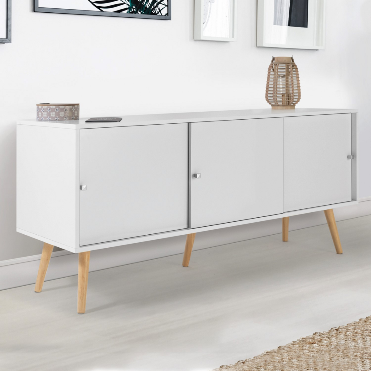 ID MARKET Buffet bas scandinave 135 cm EFFIE 3 portes bois blanc