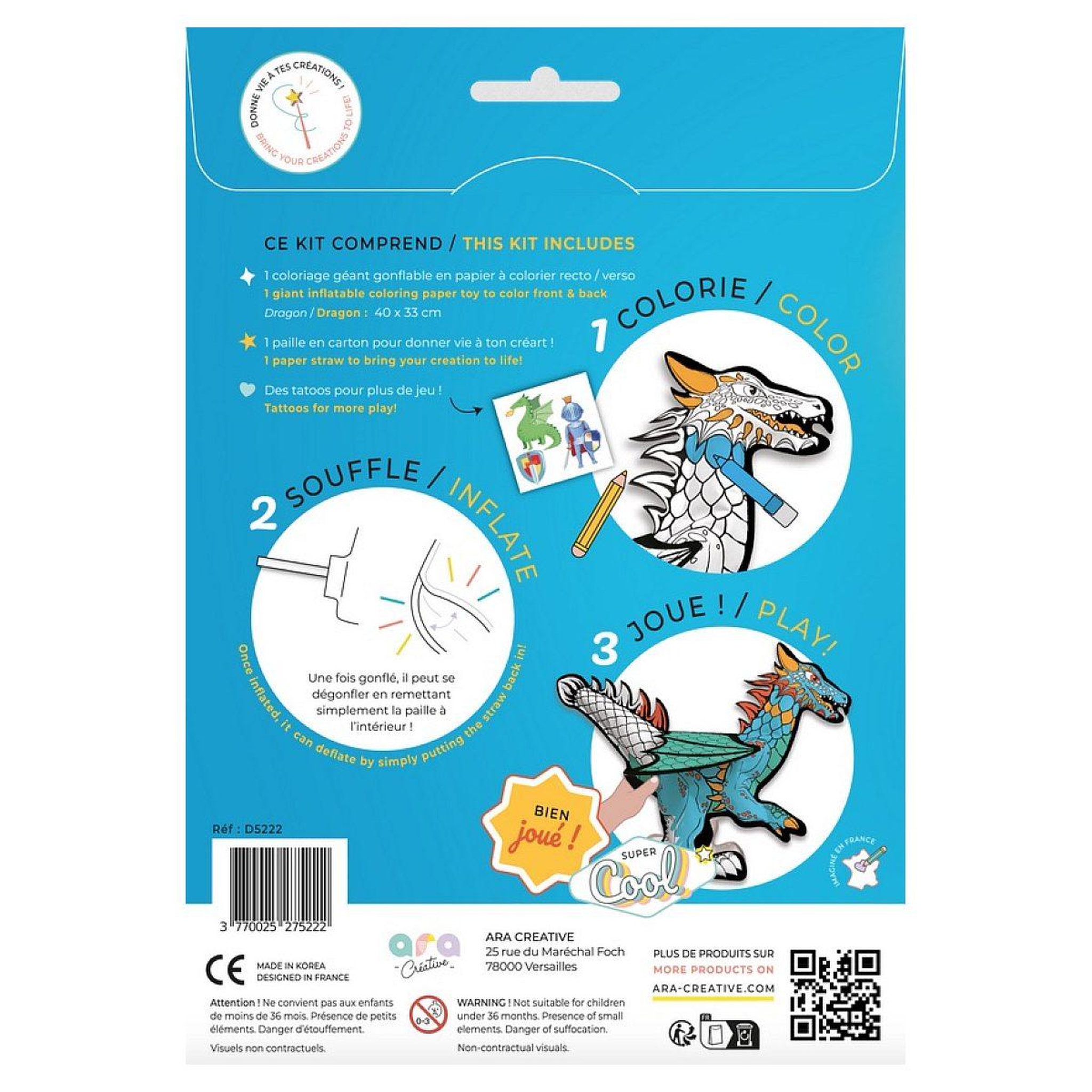 Voir la diapositive 2 : ARA CREATIVE Coloriage gonflable – 1 dragon geant a colorier