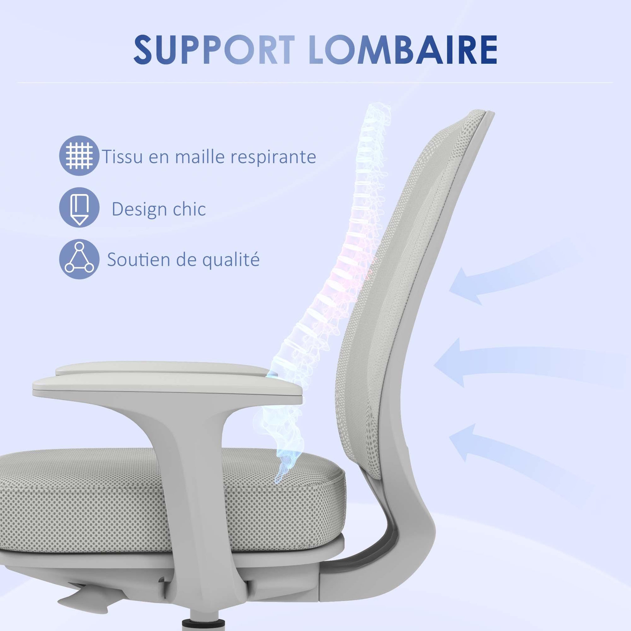 Voir la diapositive 5 : VINSETTO Chaise de bureau ergonomique hauteur réglable pivotante 360° revêtement maille gris