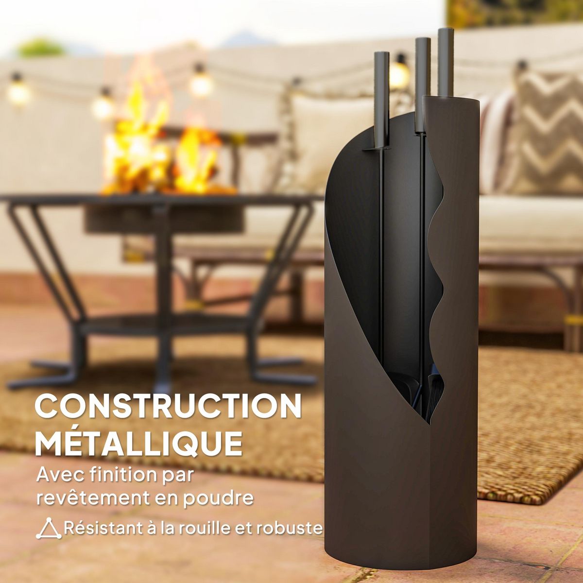 OUTSUNNY Ensemble serviteur de cheminée design 4 pièces en métal - brosse, pelle, tisonnier - support inclus noir