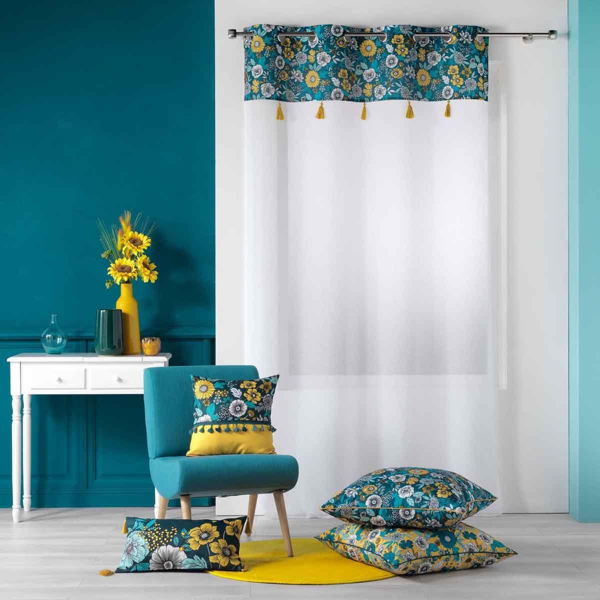 Voir la diapositive 4 : Douceur d'Intérieur Rideau voilage à œillets  bohoflora  140x240cm bleu