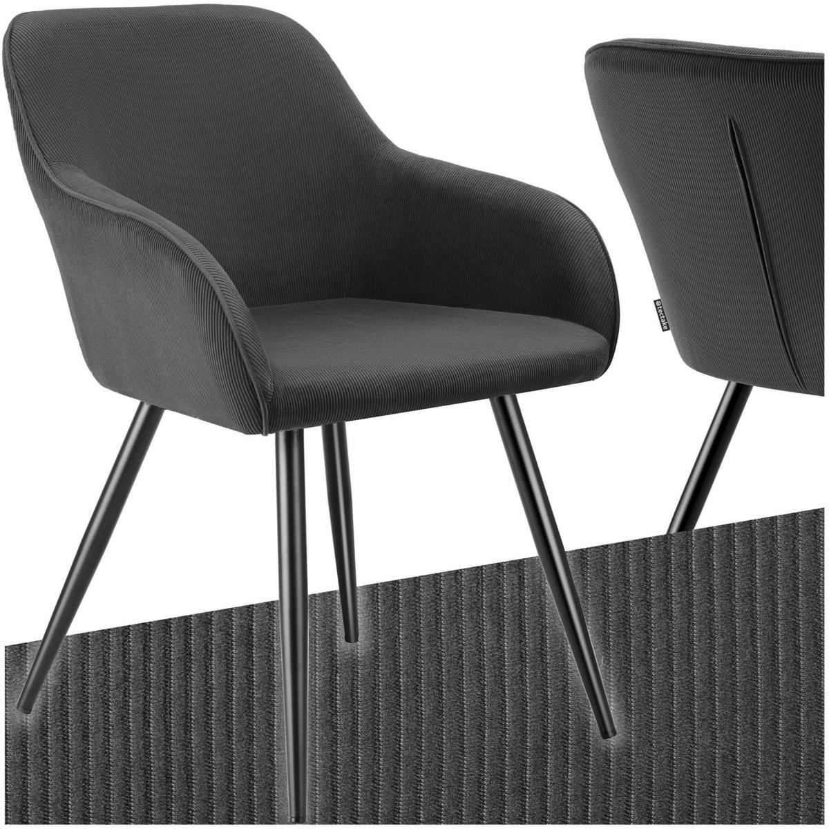 tectake Chaise de salle à manger rembourrée en velours côtelé anthracite-noir