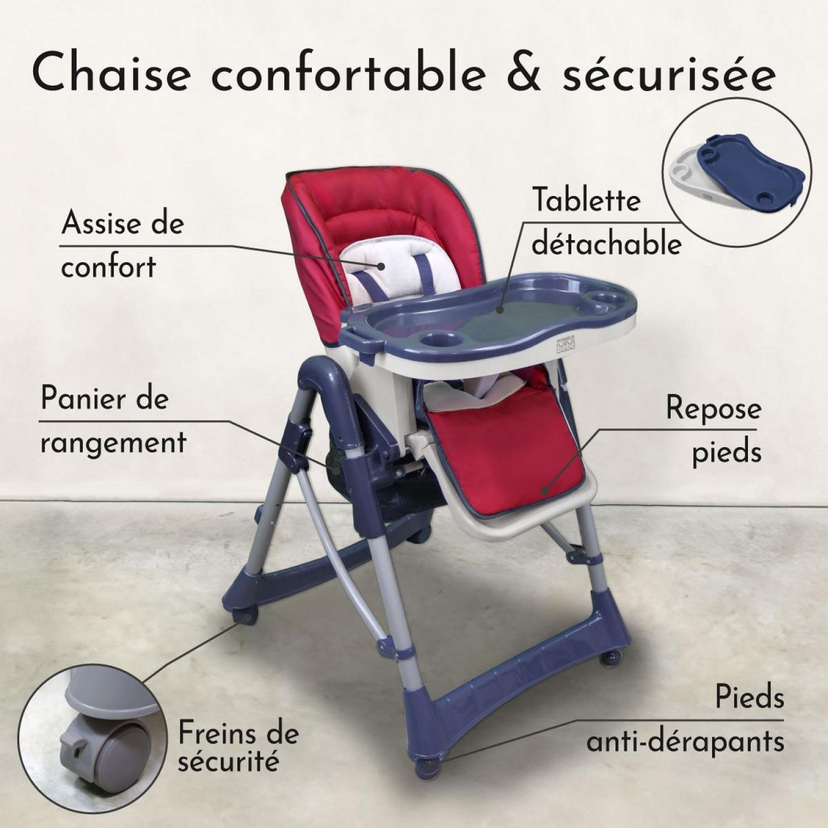 Monsieur Bébé Chaise haute bébé pliable réglable hauteur dossier tablette - Ptit