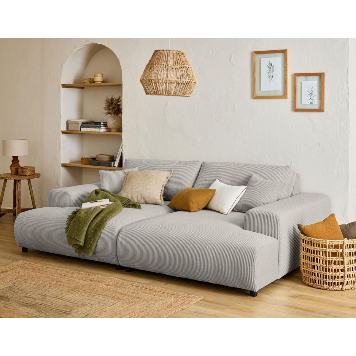 LISA DESIGN Garance - canapé droit 4 places double méridienne - assise profonde - en velours côtelé