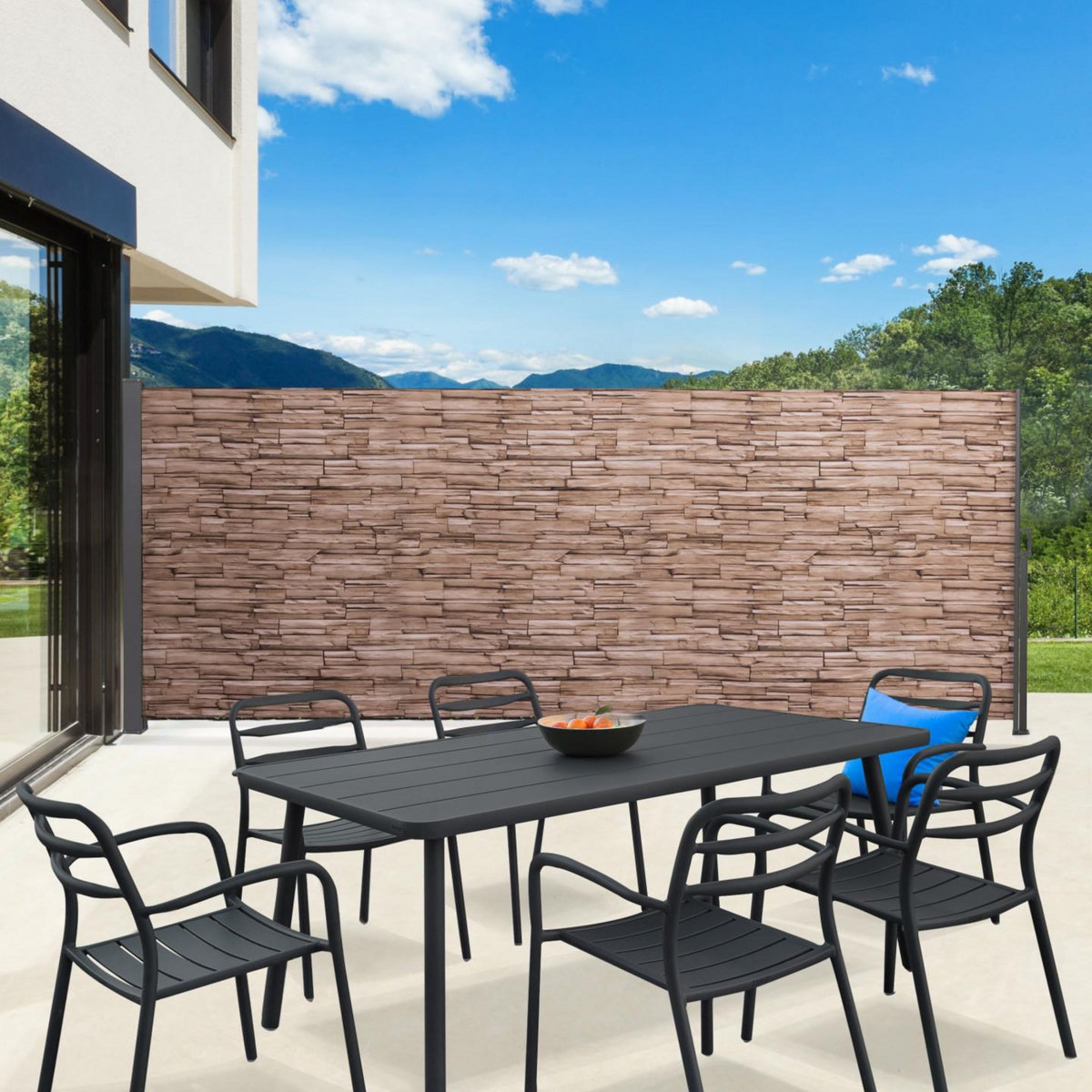 ID MARKET Paravent extérieur rétractable 180 x 400 cm motif pierre store latéral