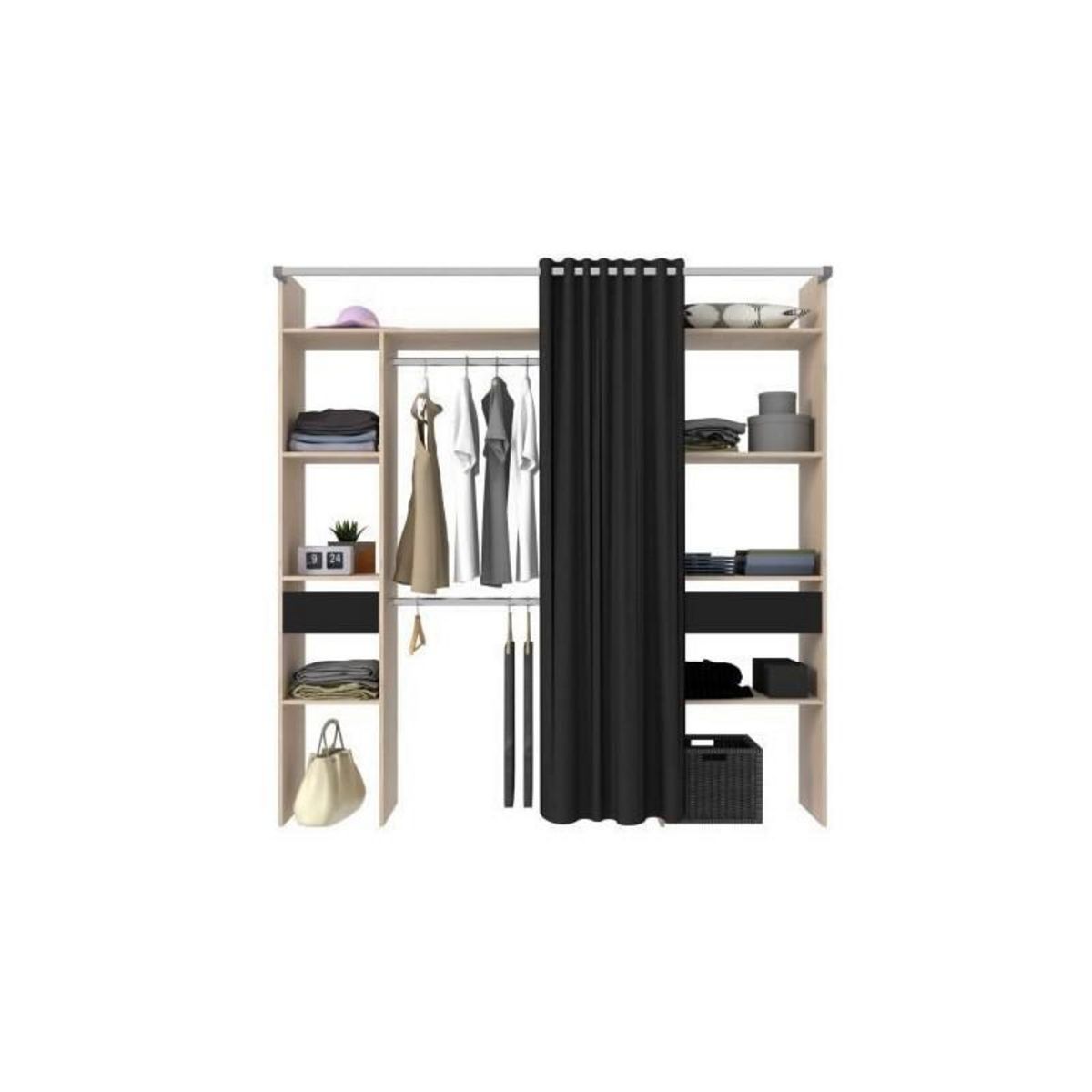 EKIPA Dressing avec rideau - Decor chene jackson et noir - L 198 x P 48 x H 203 cm - COMO