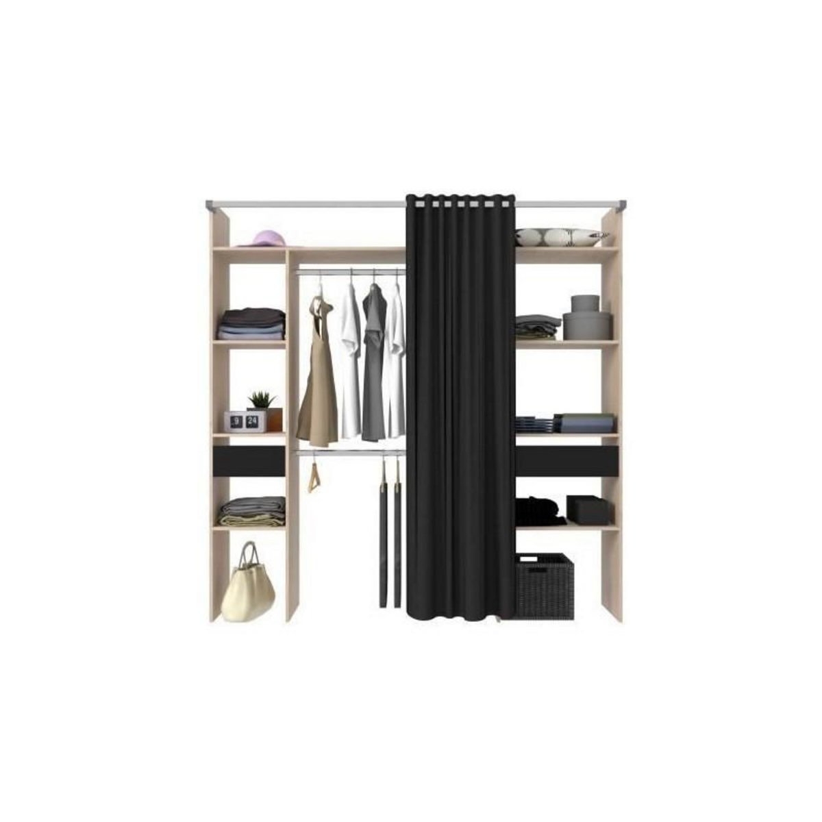 EKIPA Dressing avec rideau - Decor chene jackson et noir - L 198 x P 48 x H 203 cm - COMO