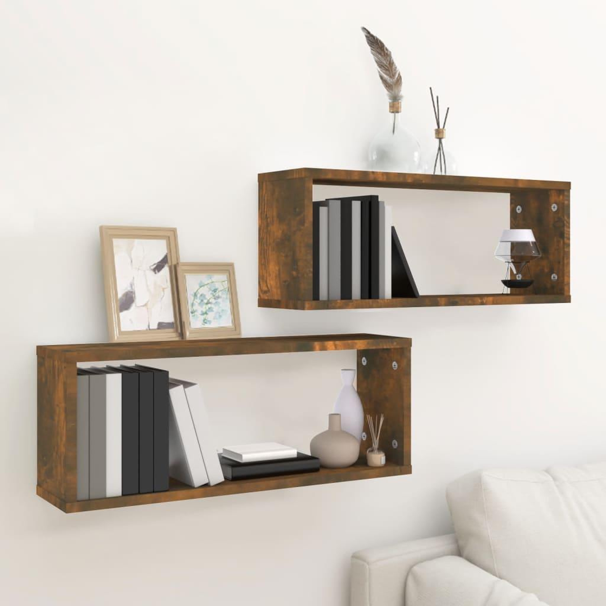 Voir la diapositive 1 : VIDAXL Etageres murales cube 2 pcs Chene fume 60x15x23 cm Bois