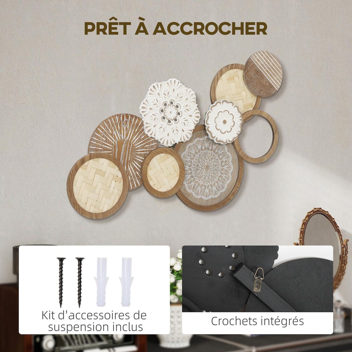 HOMCOM Décoration murale bois naturel géométrique 7 disques 2 fleurs - 83 x 44 cm