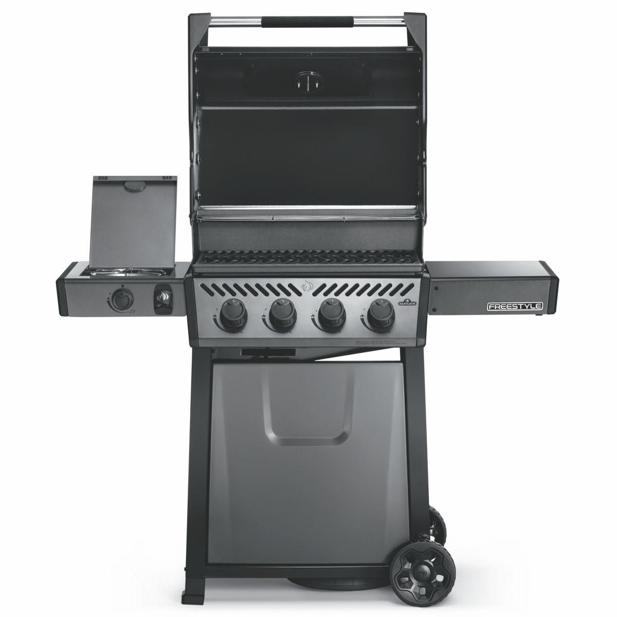NAPOLEON Barbecue gaz Freestyle noir 4 bruleurs + 1 rechaud plat sur chariot,  60x45 cm