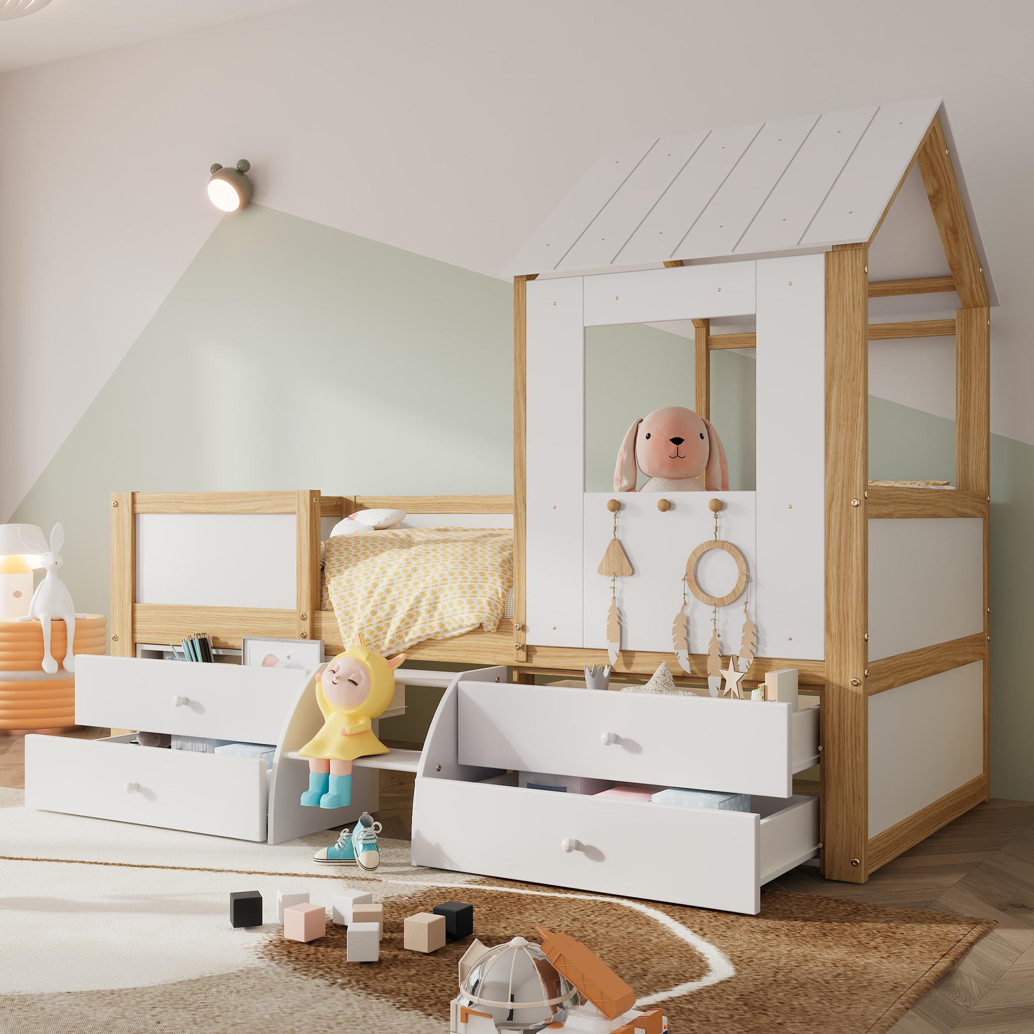 Voir la diapositive 4 : MERAX Lit enfant mi hauteur 90x200cm coloris blanc+naturel pin
