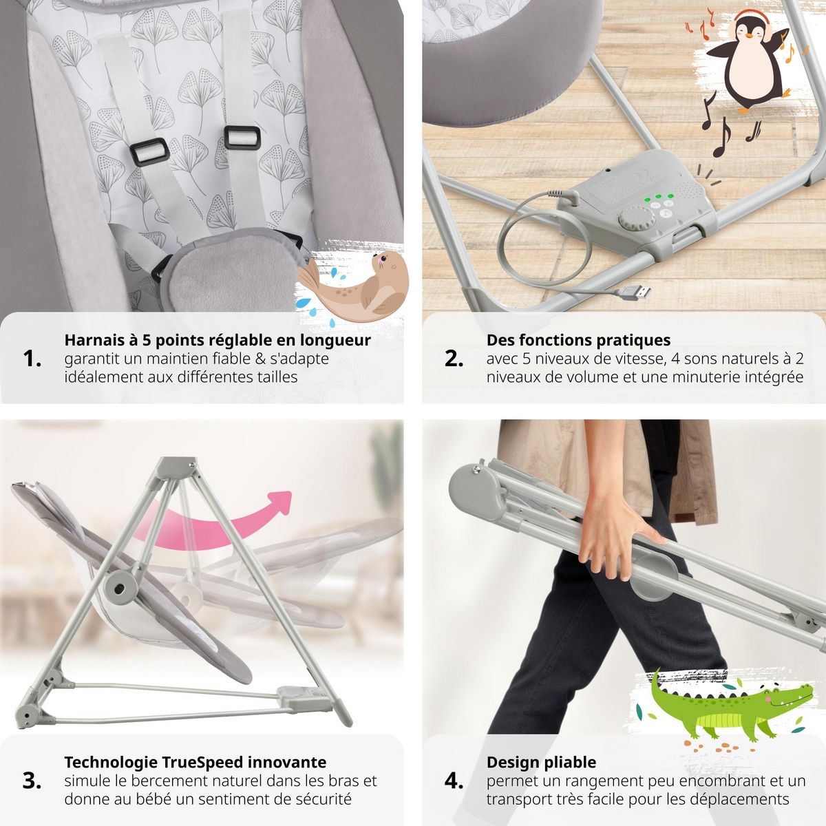 tectake Balancelle pour bébé pliable avec technologie TrueSpeed avec 5 niveaux de vitesse gris clair