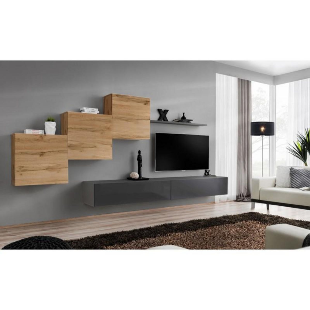 Paris Prix Meuble TV Mural Design  Switch X  330cm Naturel & Gris