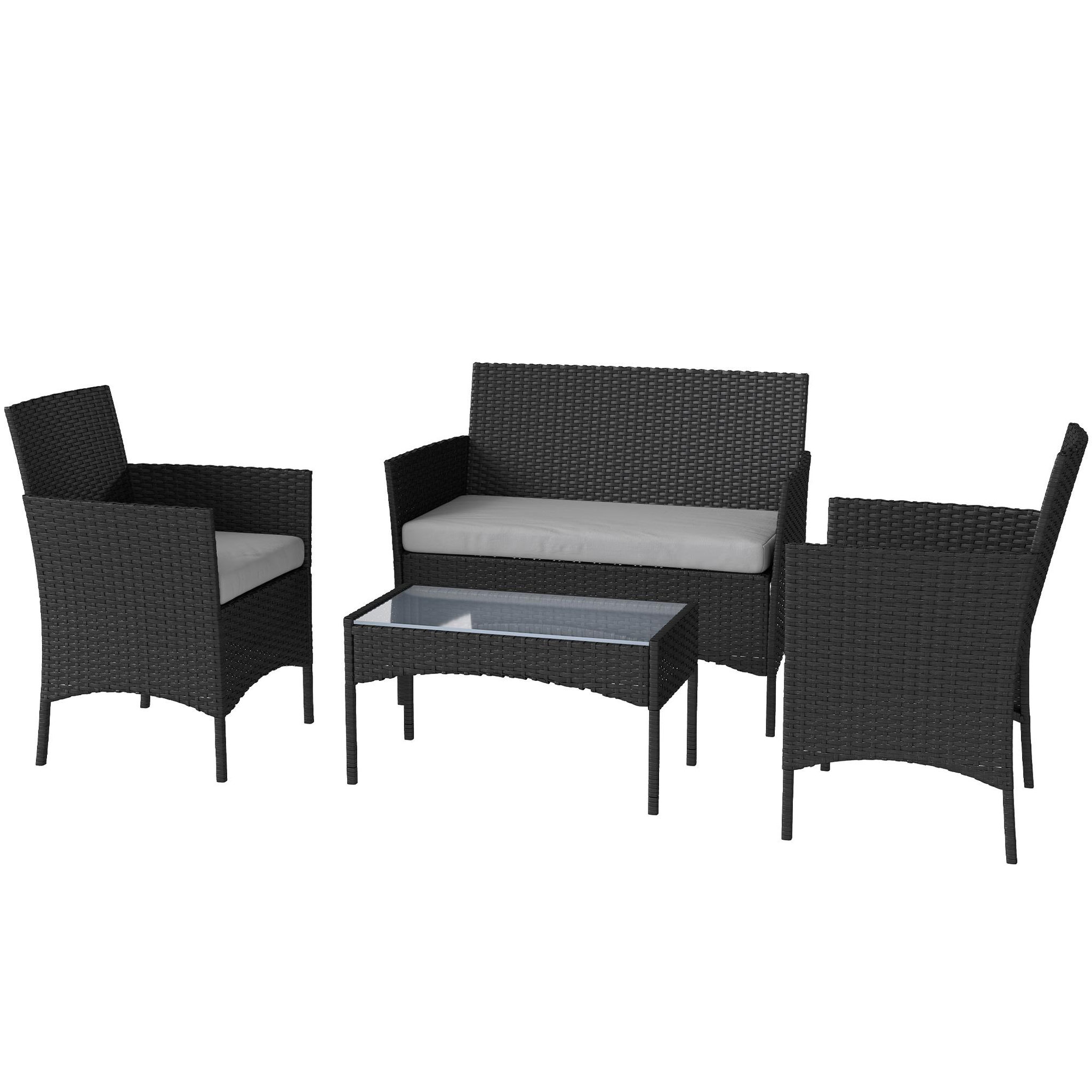 OUTSUNNY Ensemble salon de jardin 4 personnes 4 pièces résine tressée plateau verre trempé noir gris