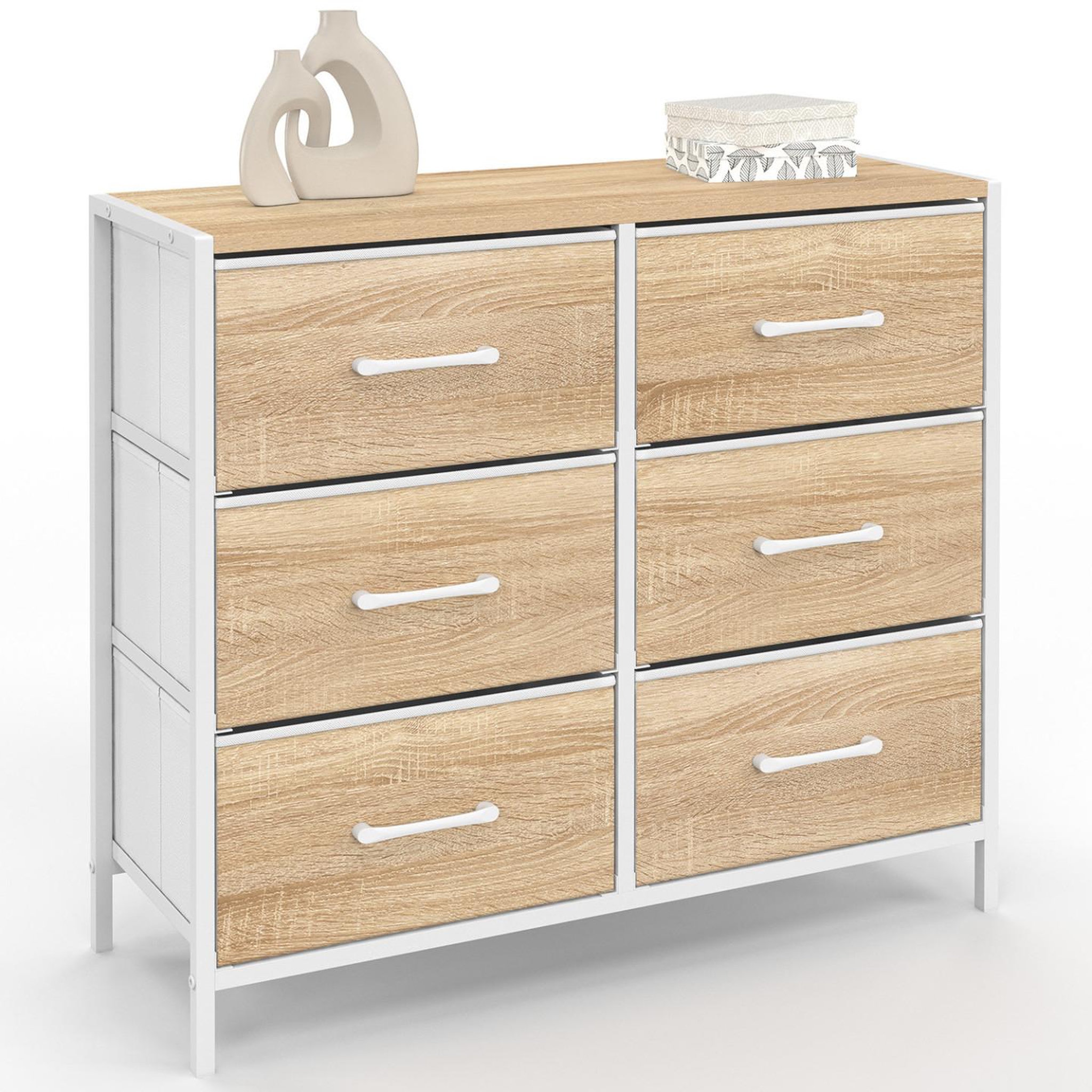 ID MARKET Commode 6 tiroirs en tissu utah 80 cm meuble de rangement design industriel bois et blanc