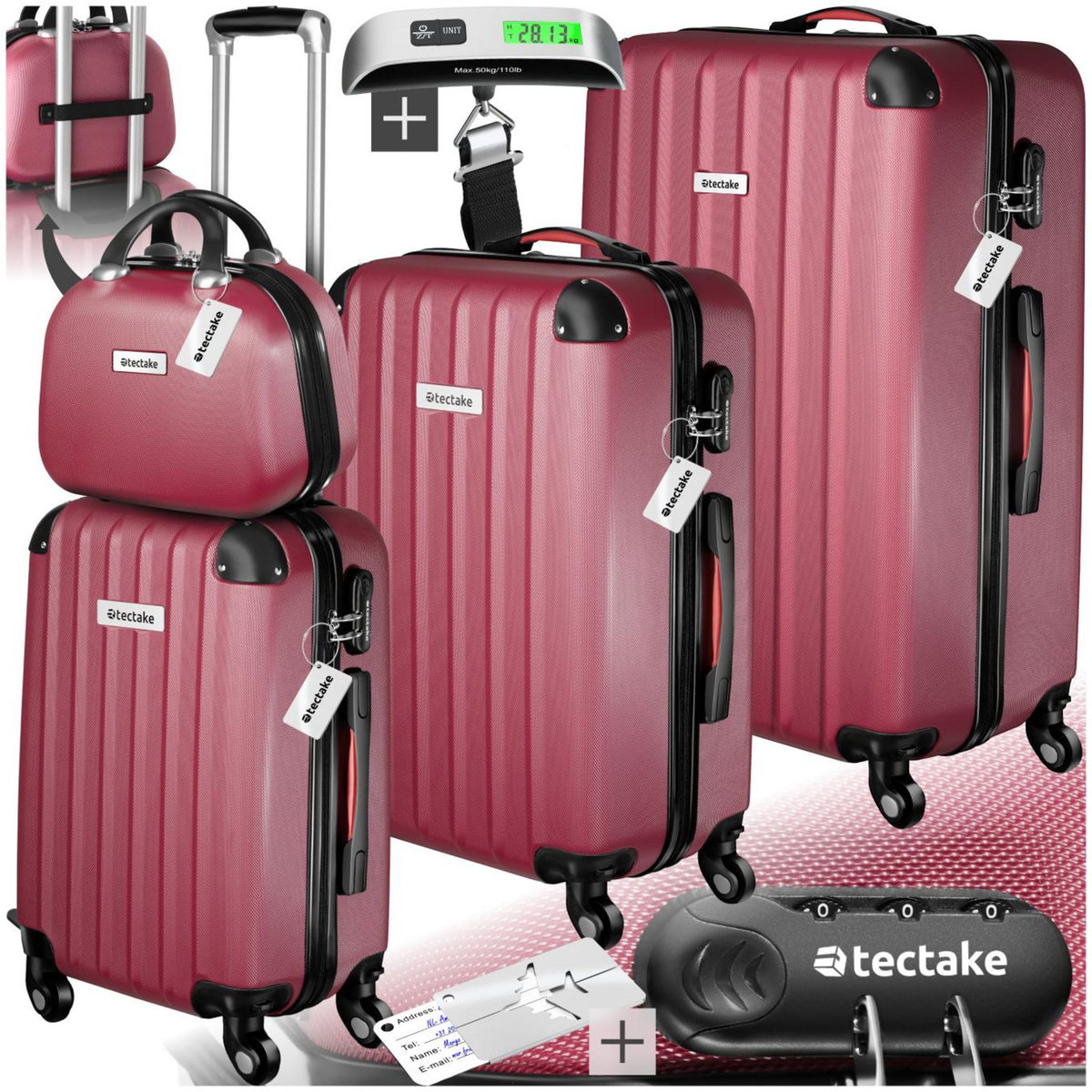 tectake Set de valises rigides 4 pièces, 3 Trolleys, 1 Vanity case, Balance et étiquette bagages inclus rouge bordeaux