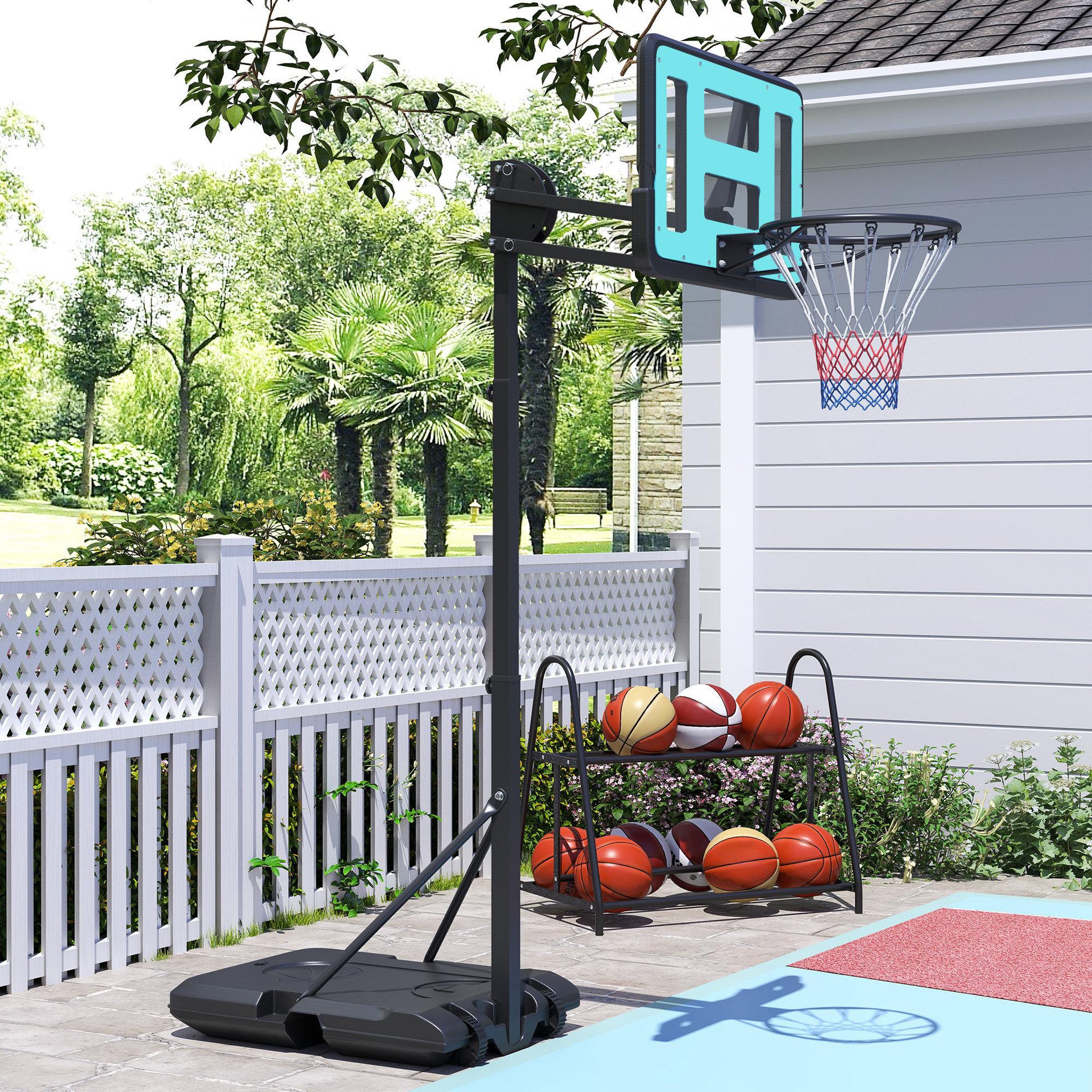 Voir la diapositive 2 : HOMCOM Panier de basketball sur pied hauteur réglable h.146-236 cm lestage roulettes bleu noir