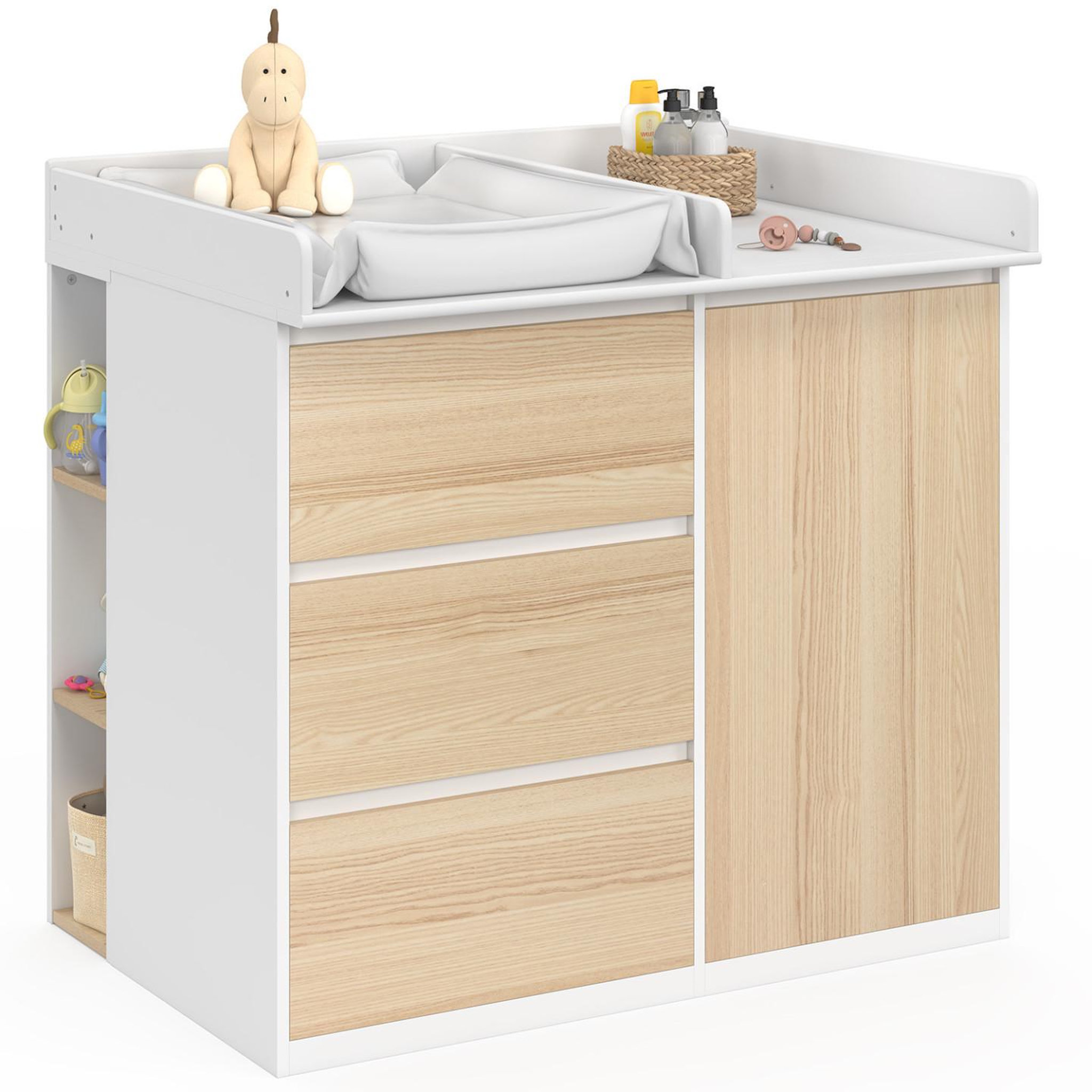 ID MARKET Commode à langer évolutive ambre façon hêtre et blanc 3 tiroirs, 1 panier à linge, table à langer et 2 étagères amovibles