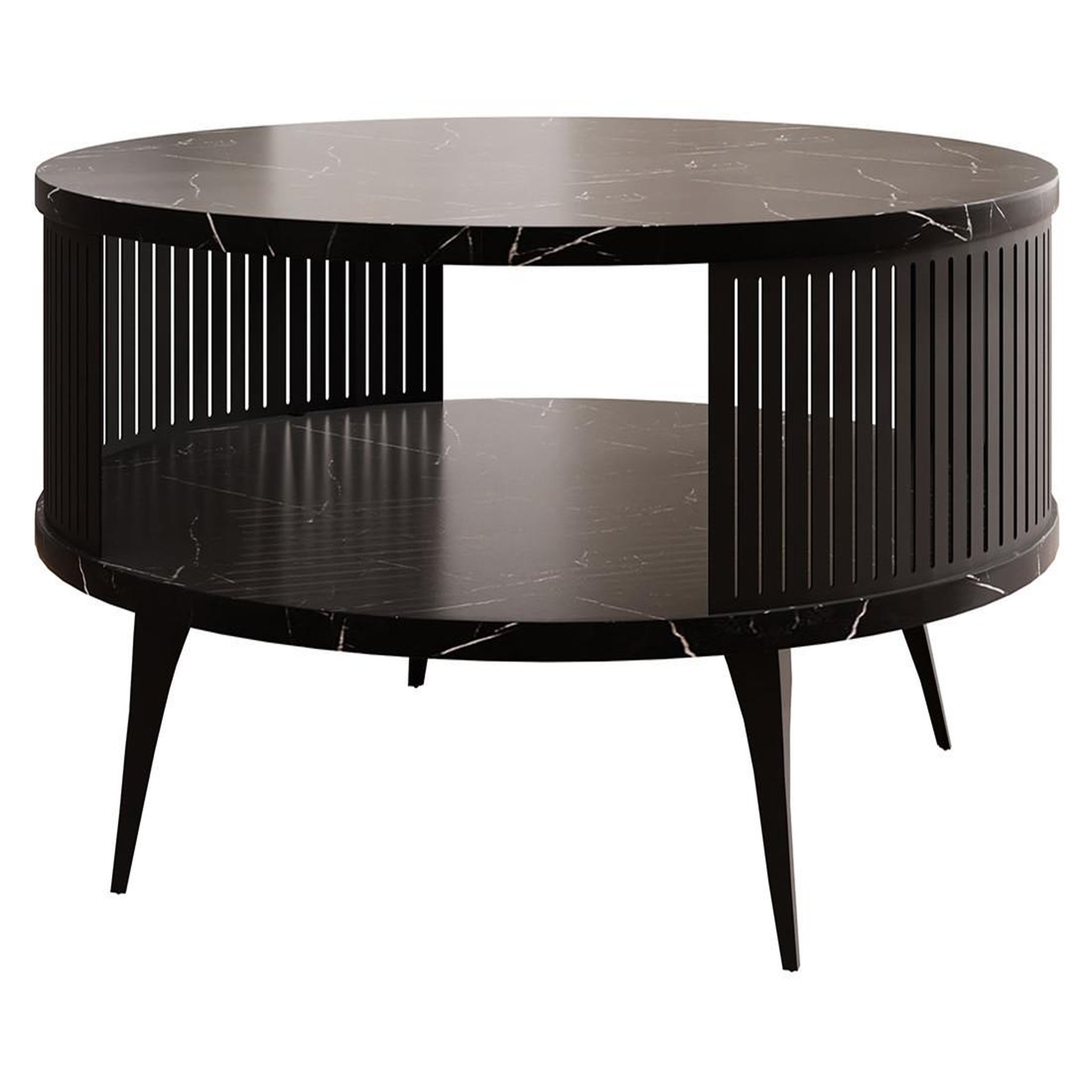 Voir la diapositive 1 : BEST MOBILIER Forini - table basse ronde - effet marbre noir - 1 niche - 75 cm