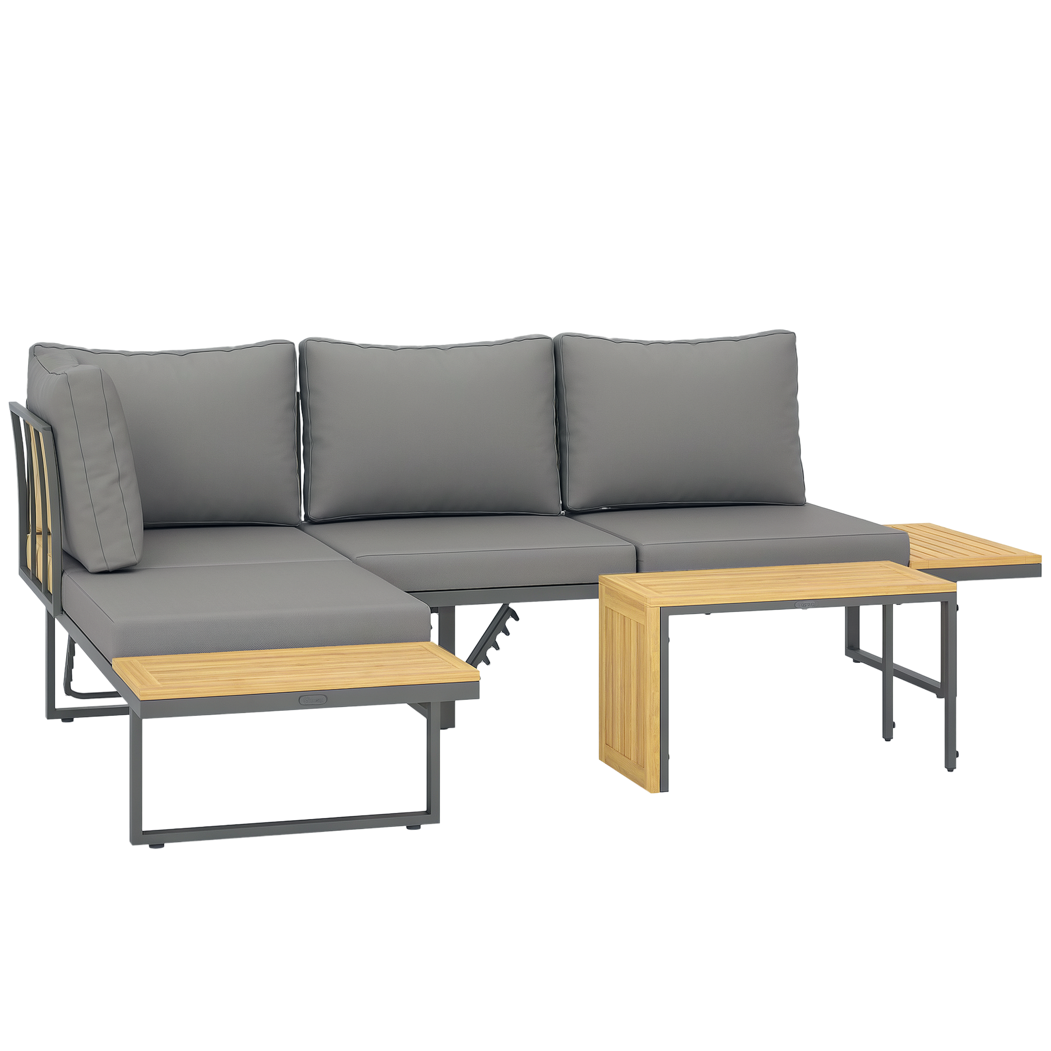 Voir la diapositive 1 : OUTSUNNY Ensemble salon de jardin 4 places modulable réglable avec table basse acier gris bois d'acacia verni