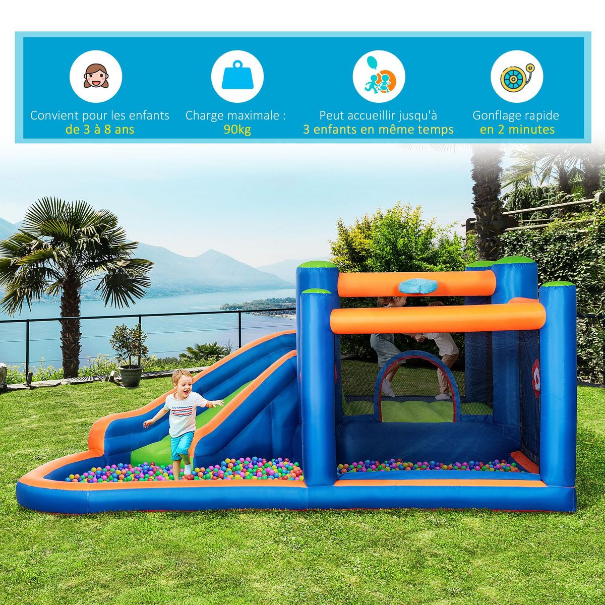OUTSUNNY Château gonflable enfant - toboggan, trampoline, piscine - gonfleur, sac de transport inclus - dim. 3,8L x 3,4l x 1,7H m - polyester multicolore