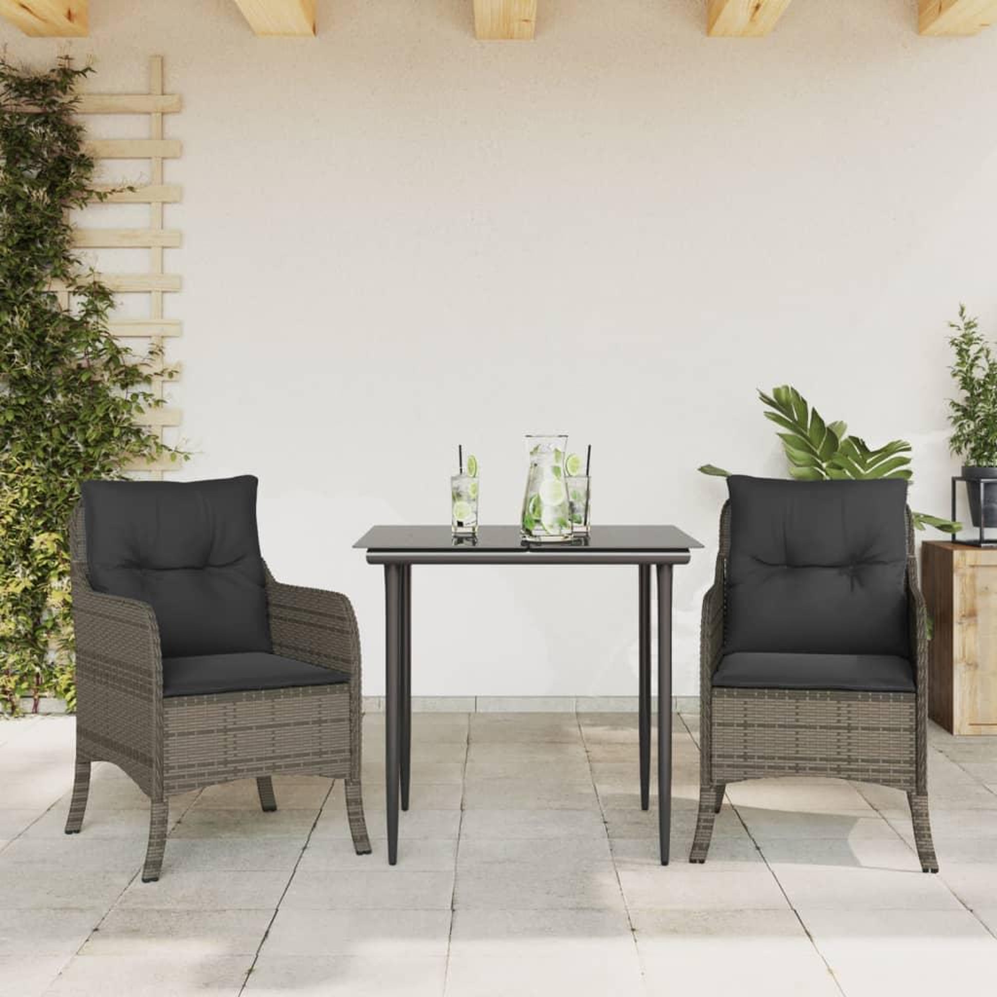 VIDAXL Ensemble a manger de jardin 3 pcs coussins gris resine tressee