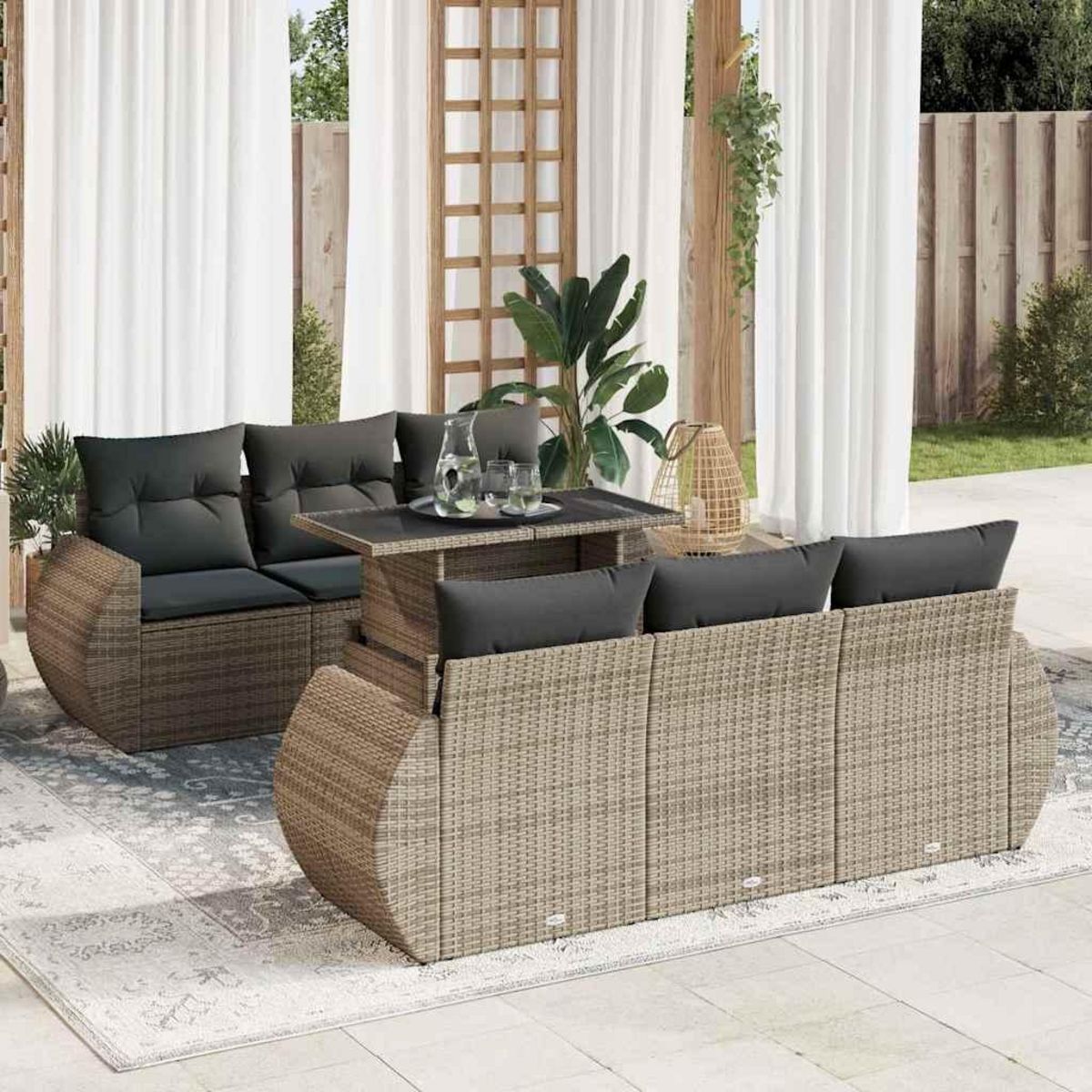VIDAXL Salon de jardin avec coussins 7 pcs gris resine tressee