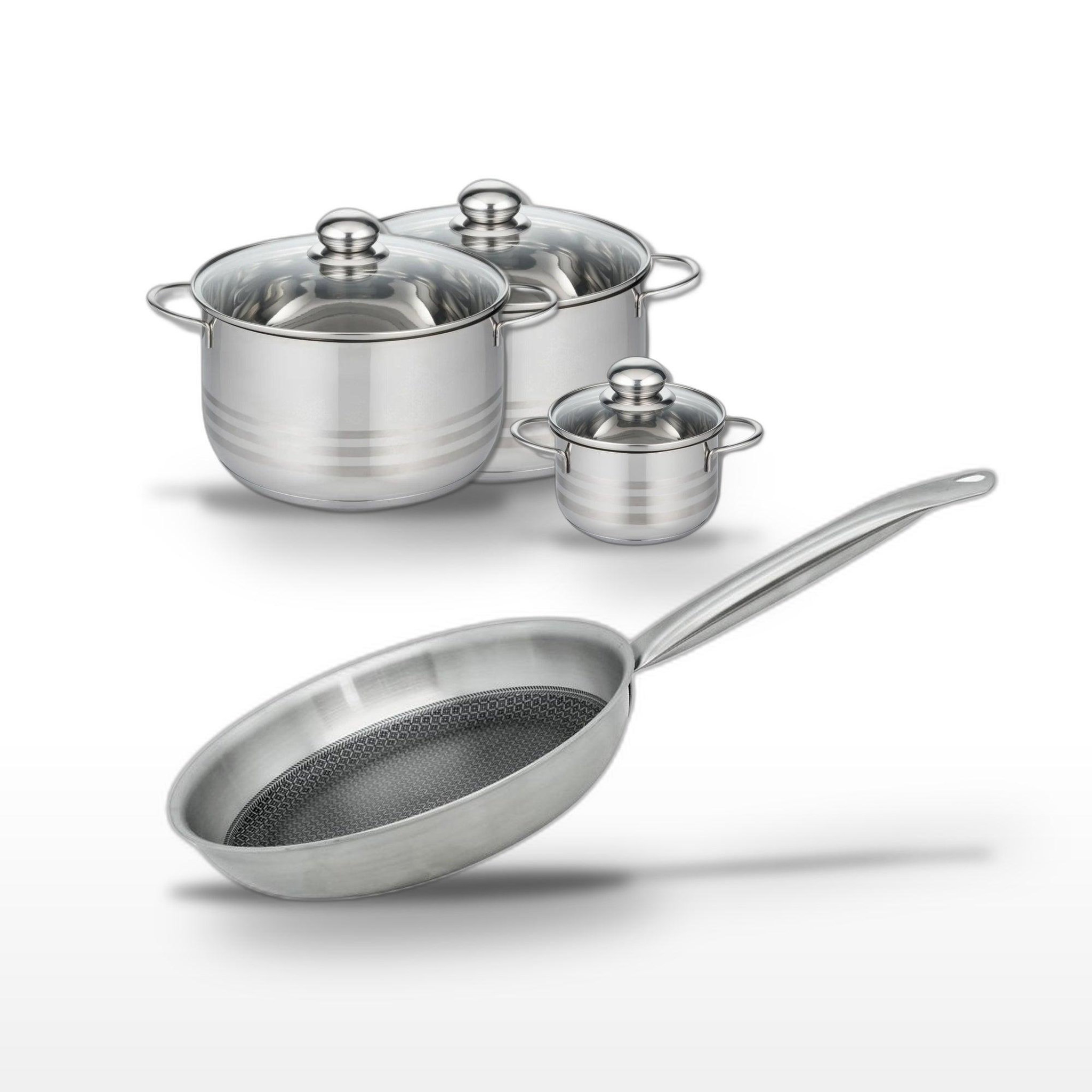 ELO Batterie de cuisine avec 3 faitouts 12/20/24 cm et 1 poêle de cuisson 24 cm en inox sans pfas elo collection relief solution brillant