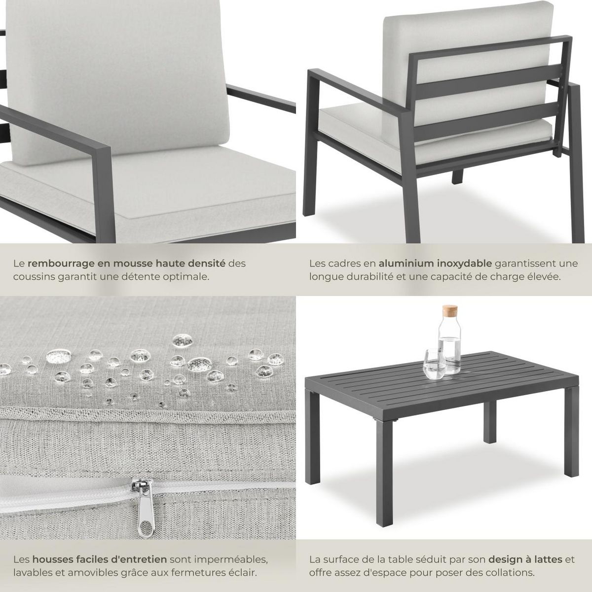 tectake Salon de jardin avec cadre en aluminium, pour 4 personnes gris clair