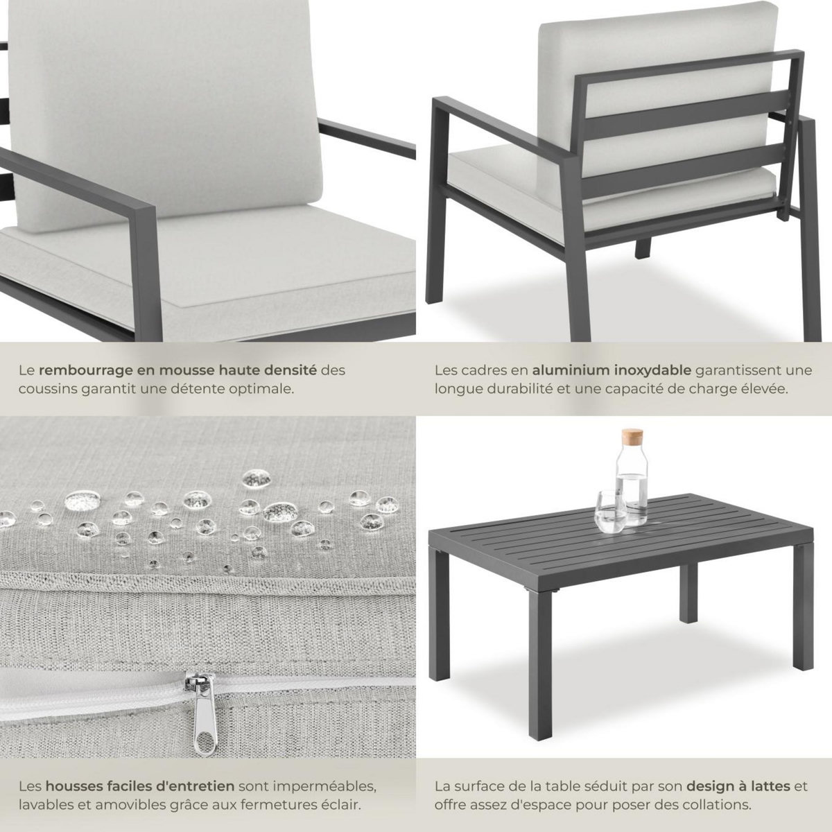 tectake Salon de jardin avec cadre en aluminium, pour 4 personnes gris clair