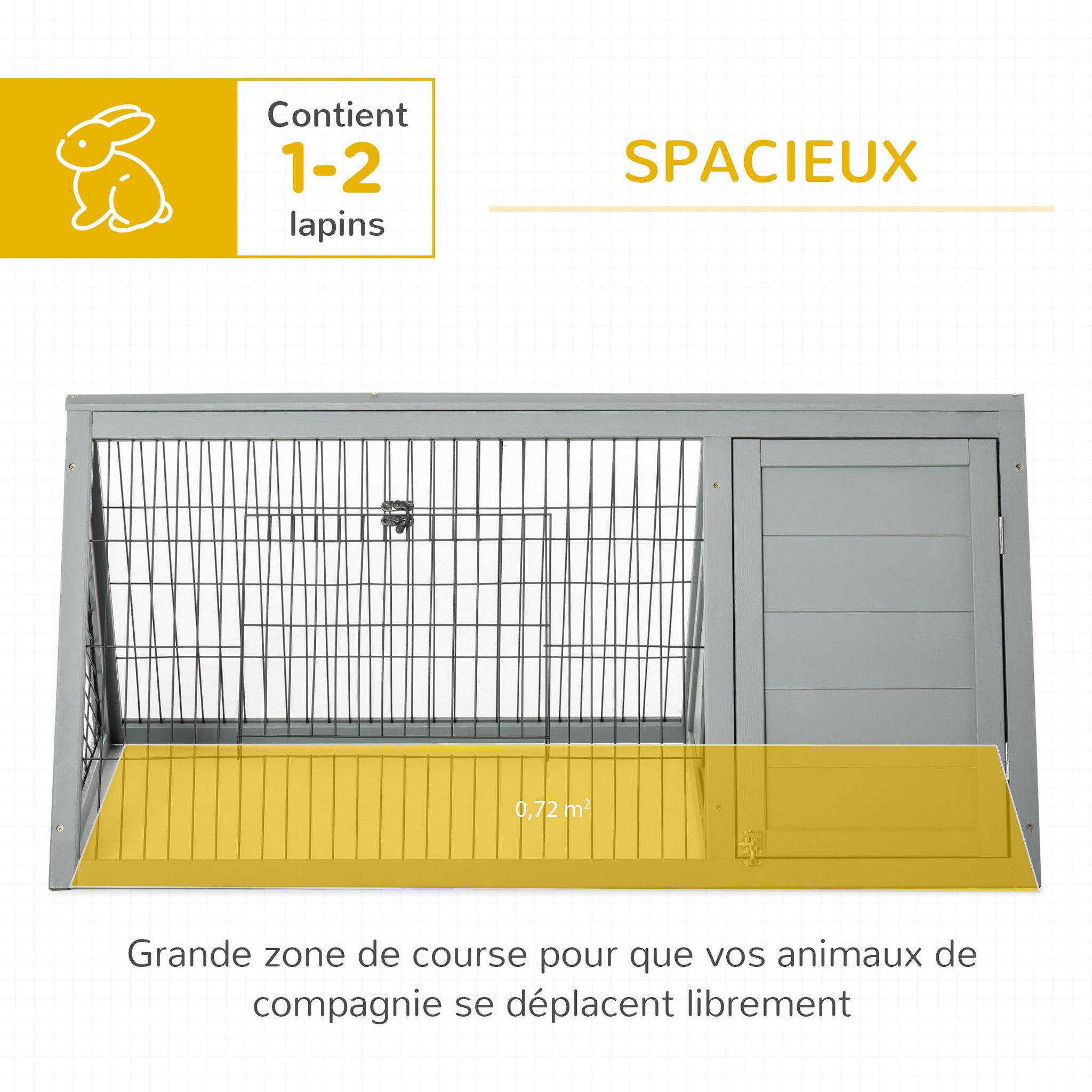Voir la diapositive 4 : PAWHUT Clapier triangulaire de sol enclos extérieur niche double porte dim. 116l x 62l x 52,5h cm métal bois sapin gris