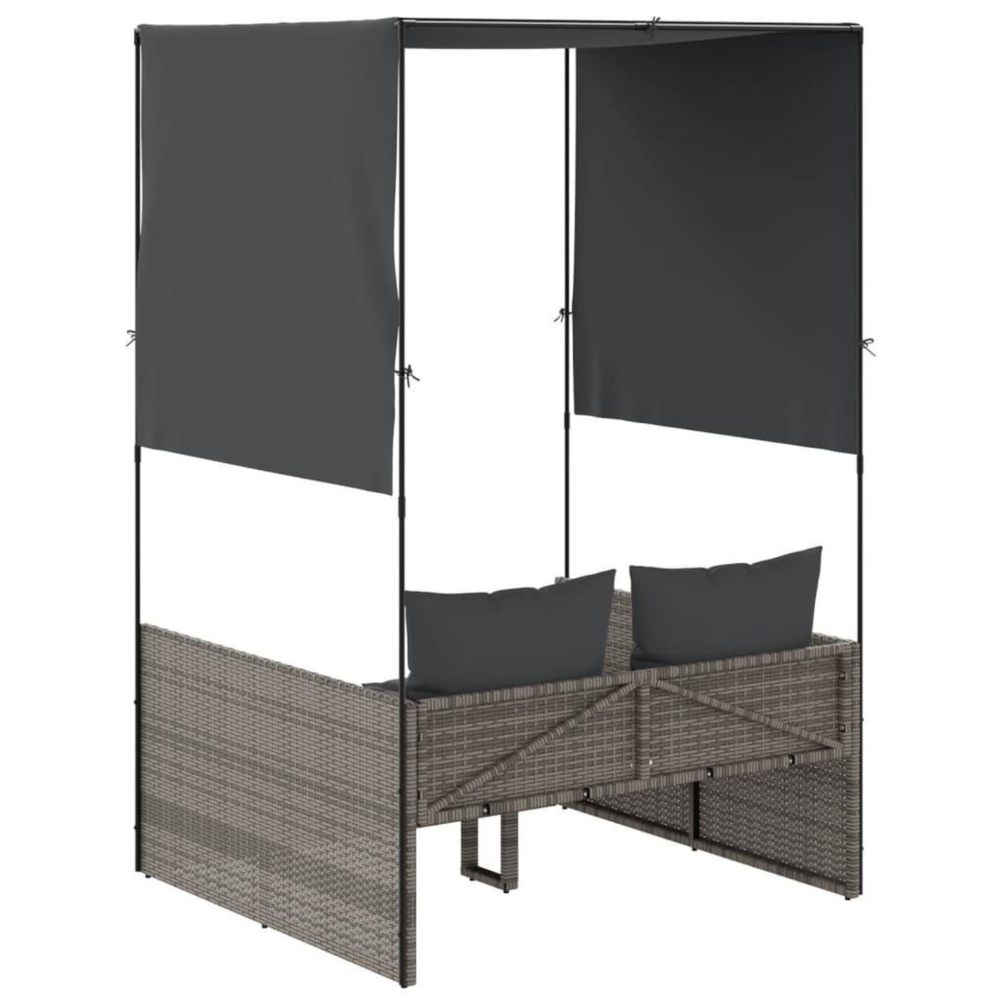 Voir la diapositive 5 : VIDAXL Chaise longue double avec toit et rideaux gris resine tressee