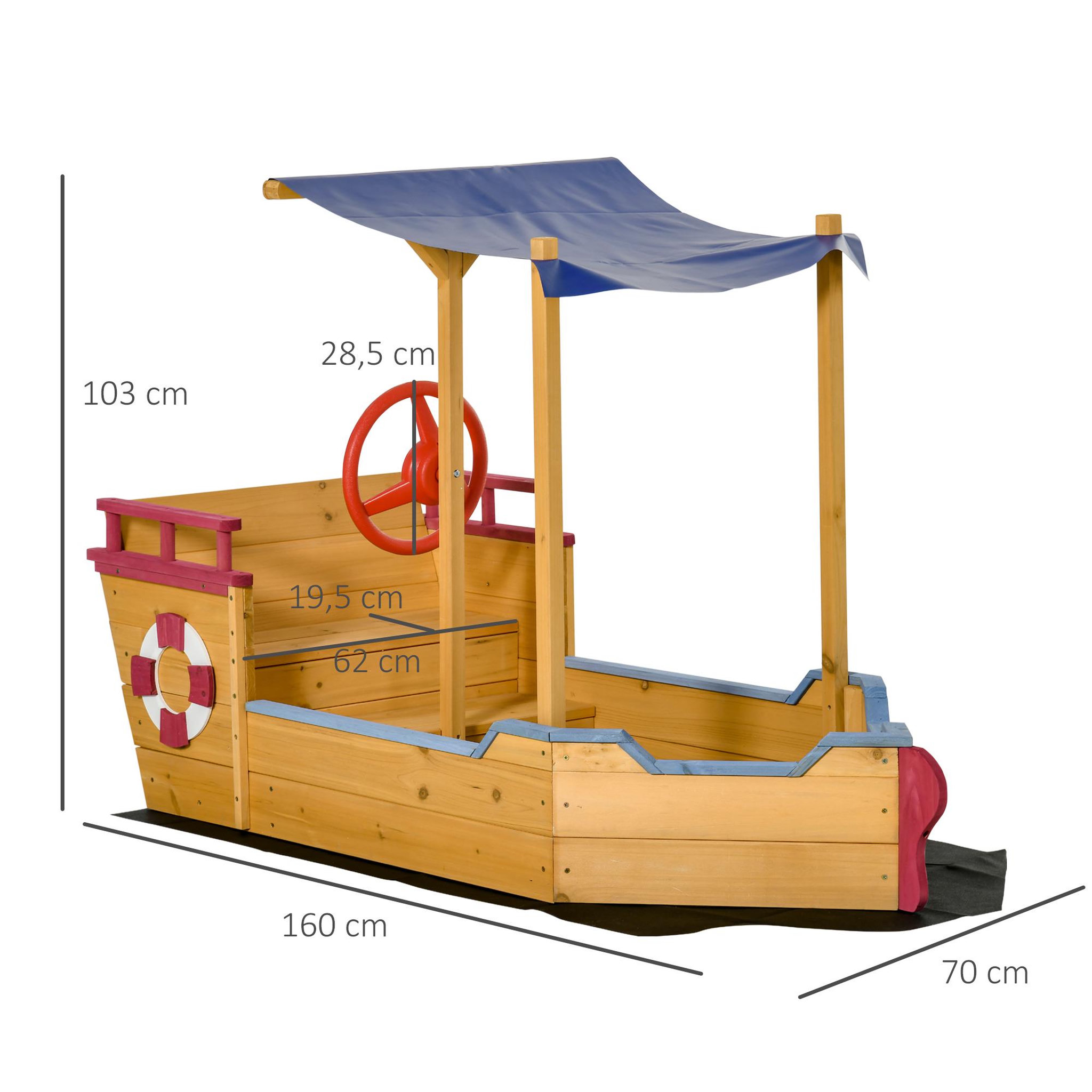 Voir la diapositive 3 : OUTSUNNY Bac à sable bateau de pirate en bois - voile d'ombrage, coffre rangement, gouvernail - bois sapin pré-huilé