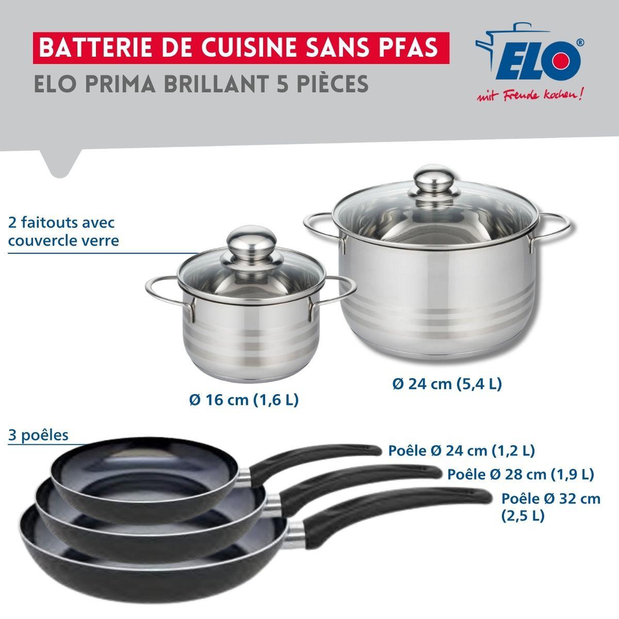 Voir la diapositive 2 : ELO Ensemble de 3 poêles de cuisson 24, 28 et 32 cm et 2 faitouts 16 et 24 cm elo prima brillant