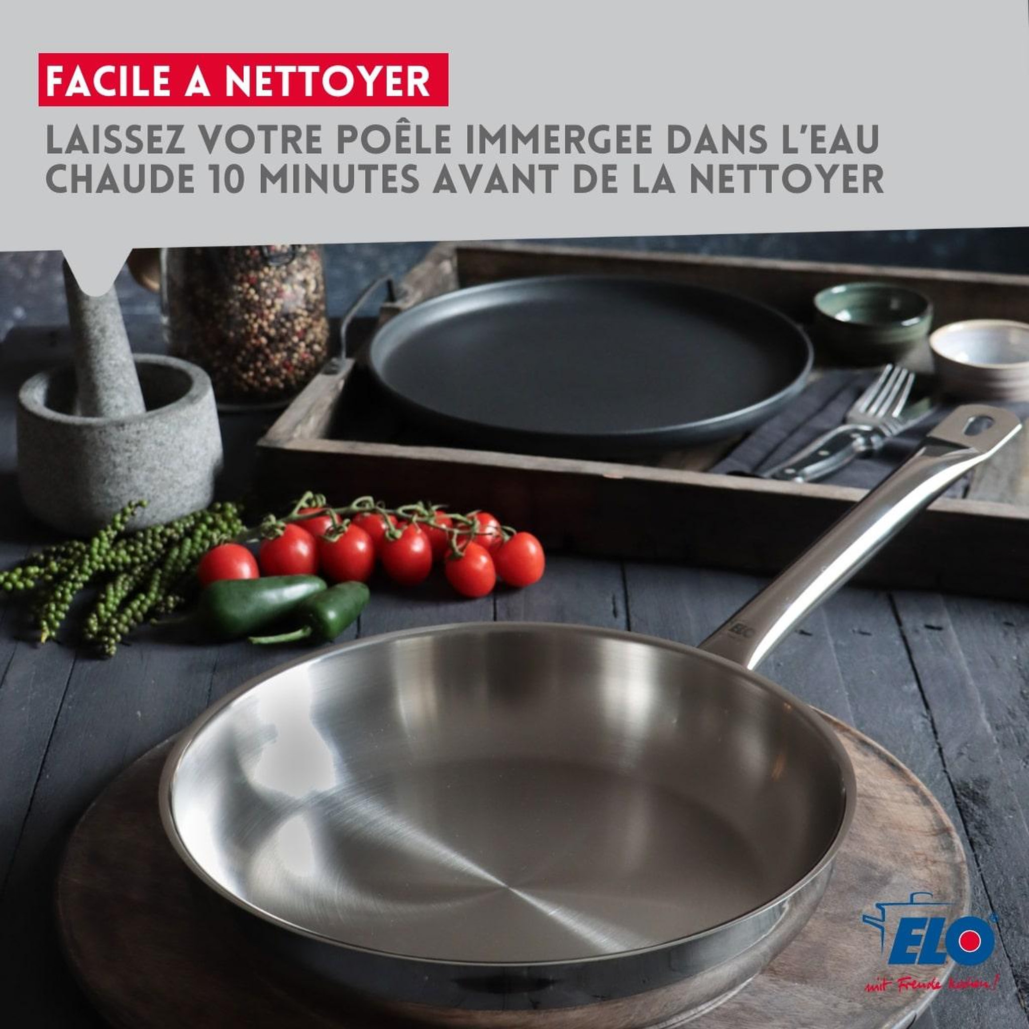 Voir la diapositive 6 : ELO Poêle à frire 32 cm en inox 18/10 et couvercle en verre elo profi therm