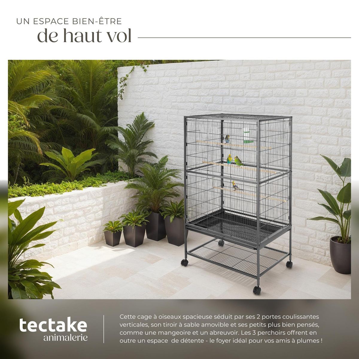 tectake Cage à oiseaux en finition martelée gris anthracite