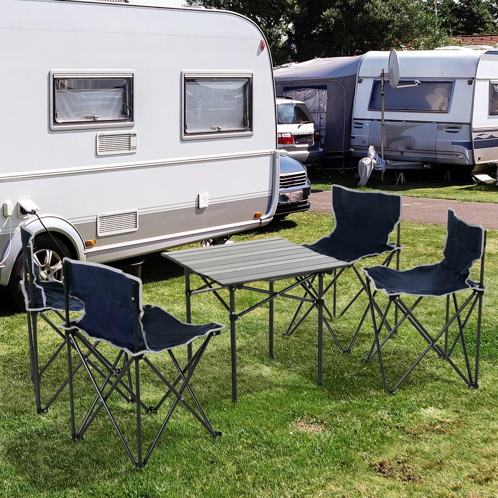 Voir la diapositive 2 : OUTSUNNY Table de camping + 4 chaises + sac de transport - pliant léger petit portable - pour pique-nique, festival, barbecue, randonnée, pêche - acier alu. noir Oxford bleu