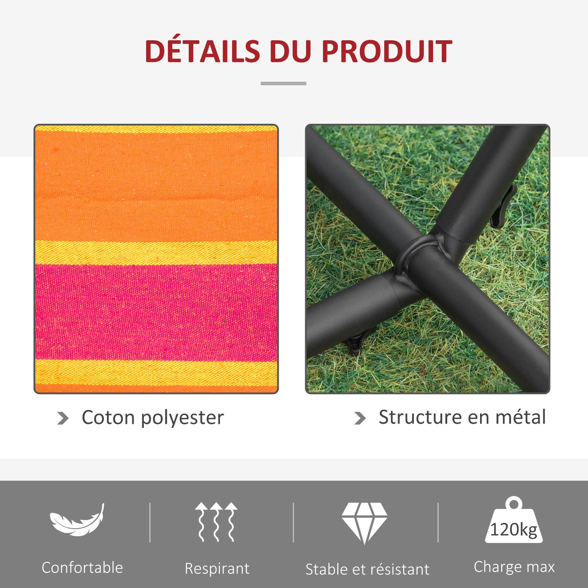 Voir la diapositive 5 : OUTSUNNY Hamac de jardin avec support en métal époxy hamac sur pied 1 place charge max. 120 Kg sac transport rouge