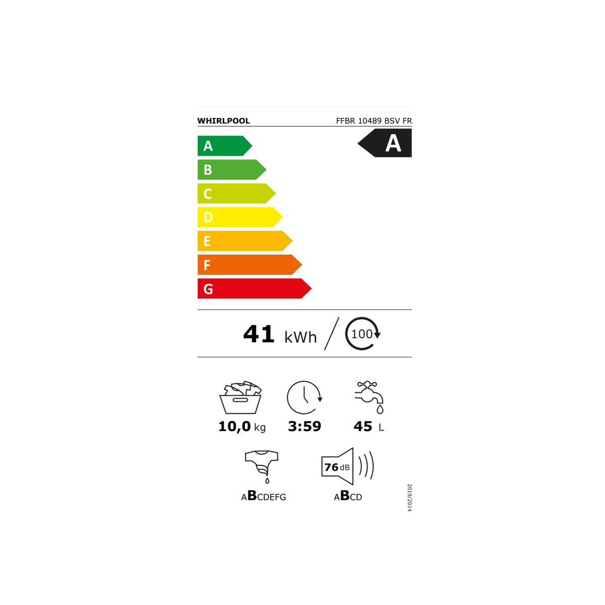 Voir la diapositive 2 : Whirlpool Lave-linge frontal 10kg 1400 trs/min - ffbr10489bsvfr