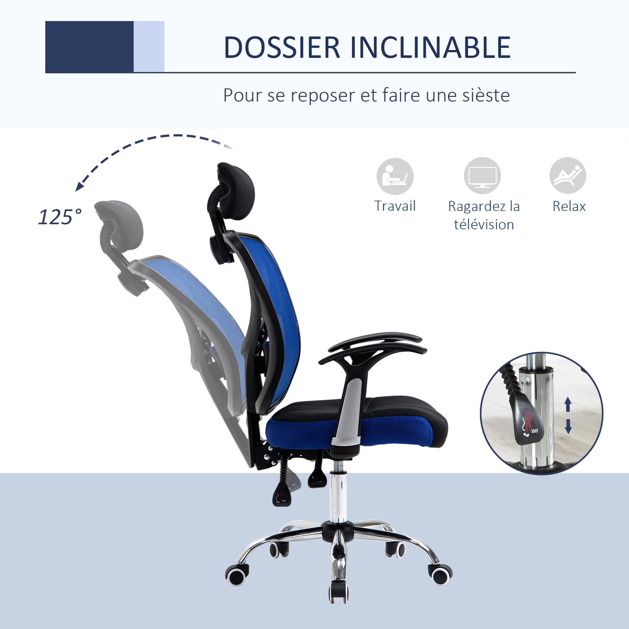 Voir la diapositive 6 : VINSETTO Vinsetto Chaise de bureau manager grand confort réglable dossier inclinable piètement chromé tissu maille polyester bleu noir