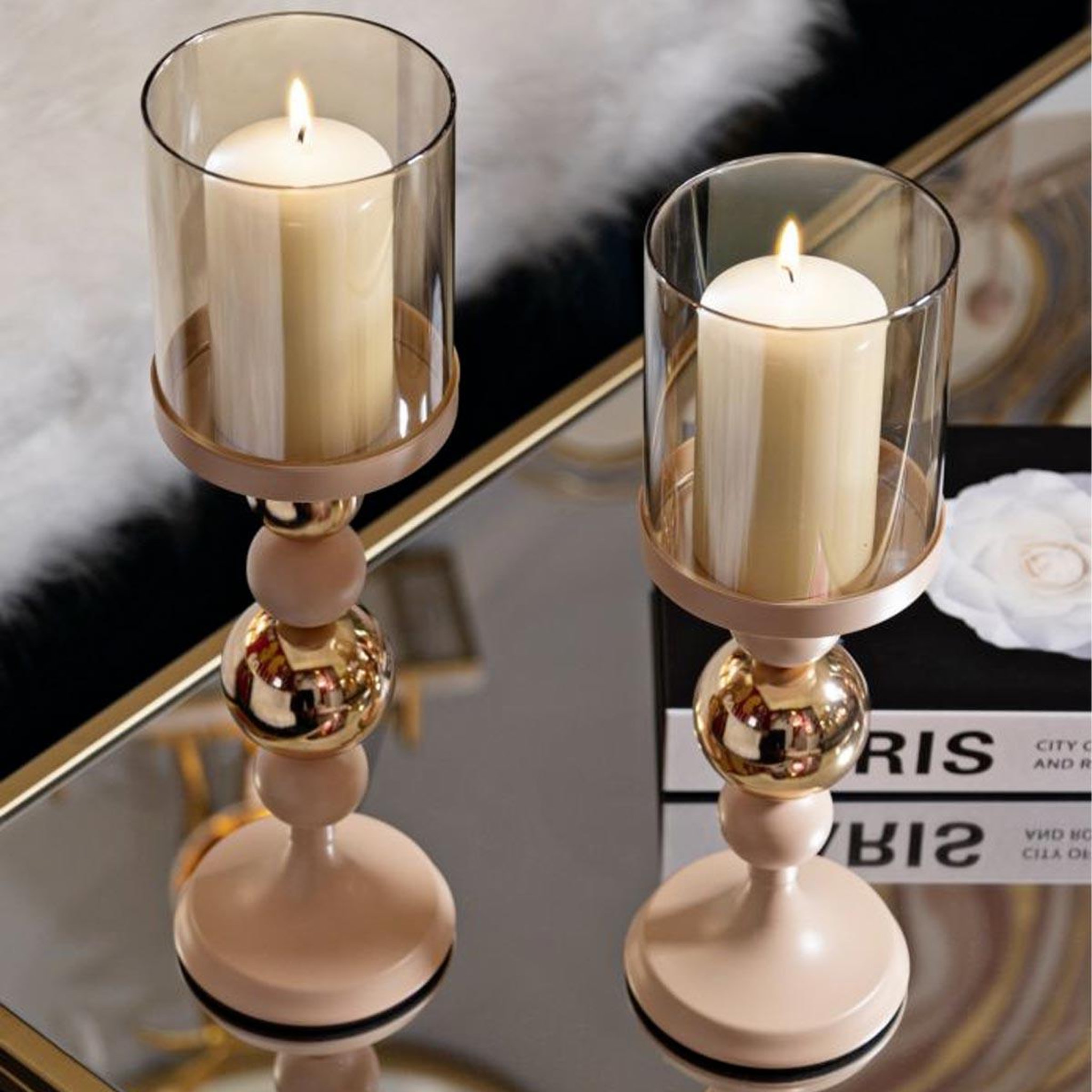 Voir la diapositive 5 : Paris Prix Lot de 2 bougeoirs design  strek  36cm rose & or
