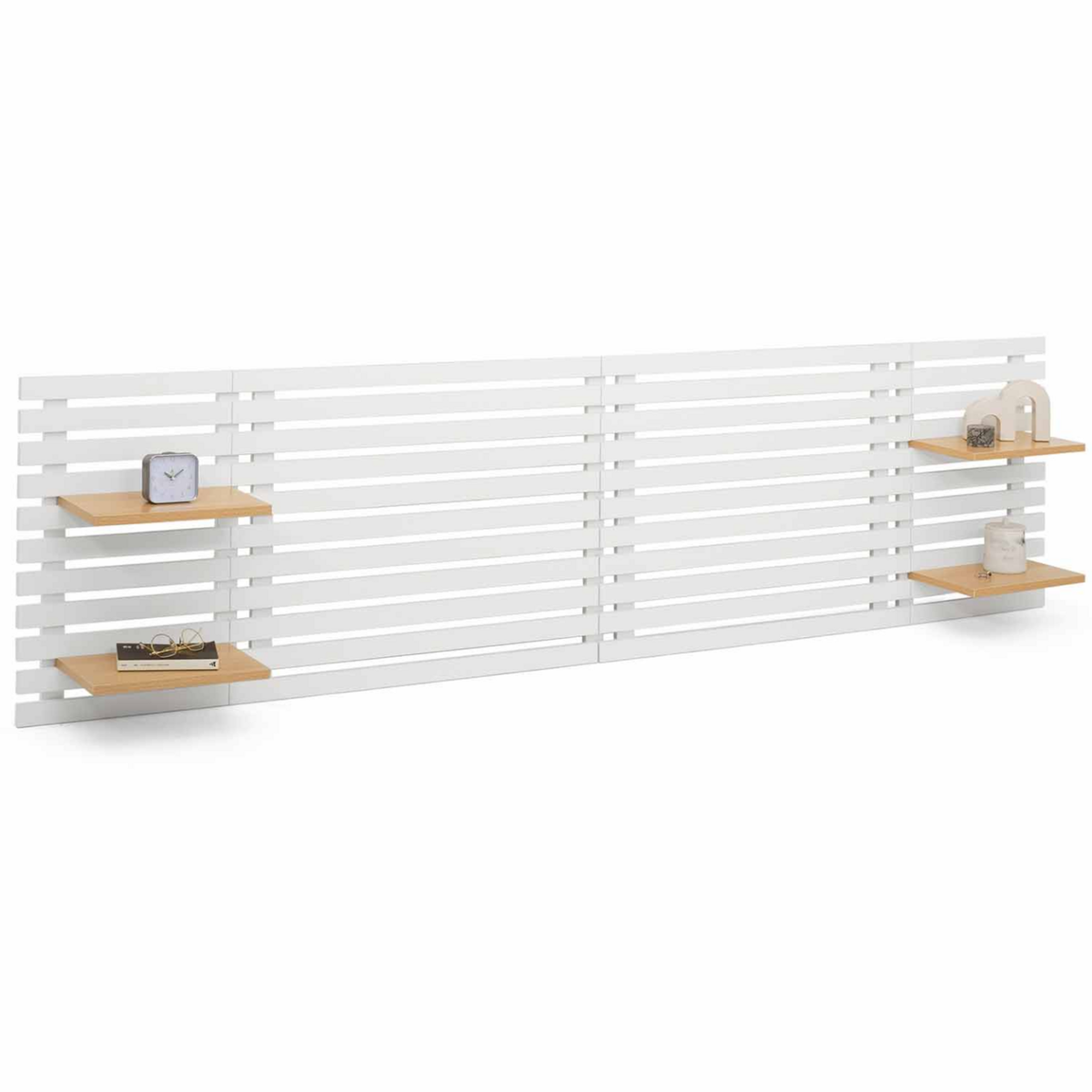 ID MARKET Tête de lit suspendue en lattes AVA 240 cm bois blanc et étagères façon hêtre